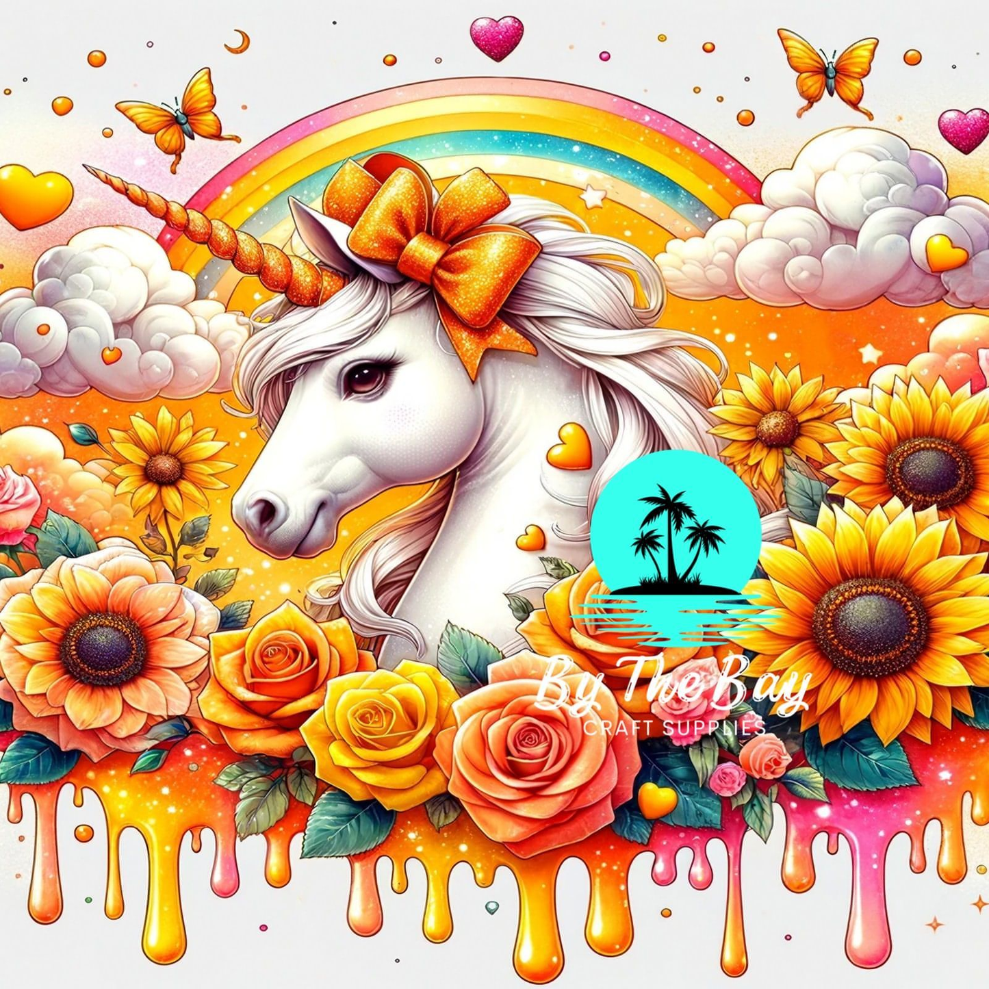 Unicorn with ombre orange flowers & rainbow SUB PRINT