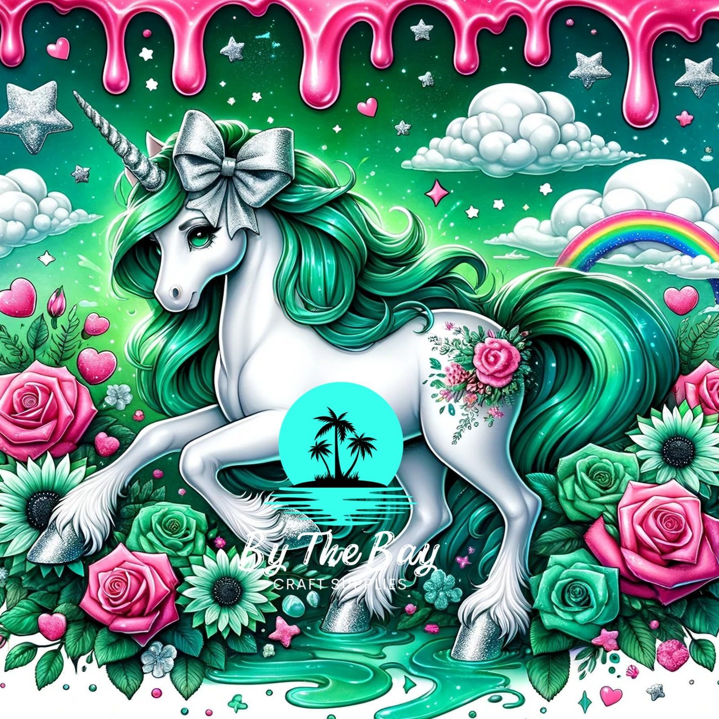 Unicorn green with pink drip top border SUB PRINT