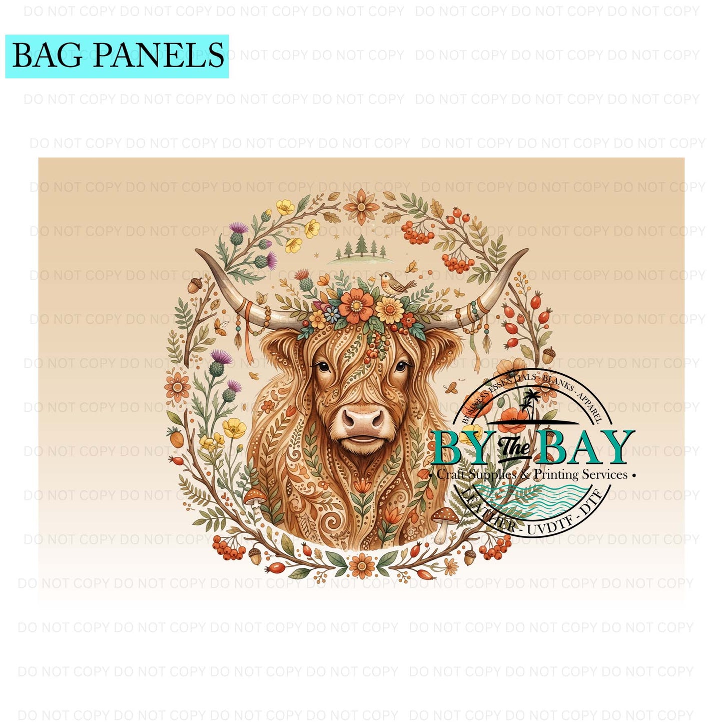 Folk art Highland Cow Bag Panel (Various Sizes)