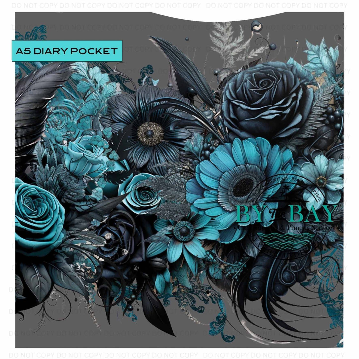 A5 Black & Teal Floral Diary Front phone/pen pocket