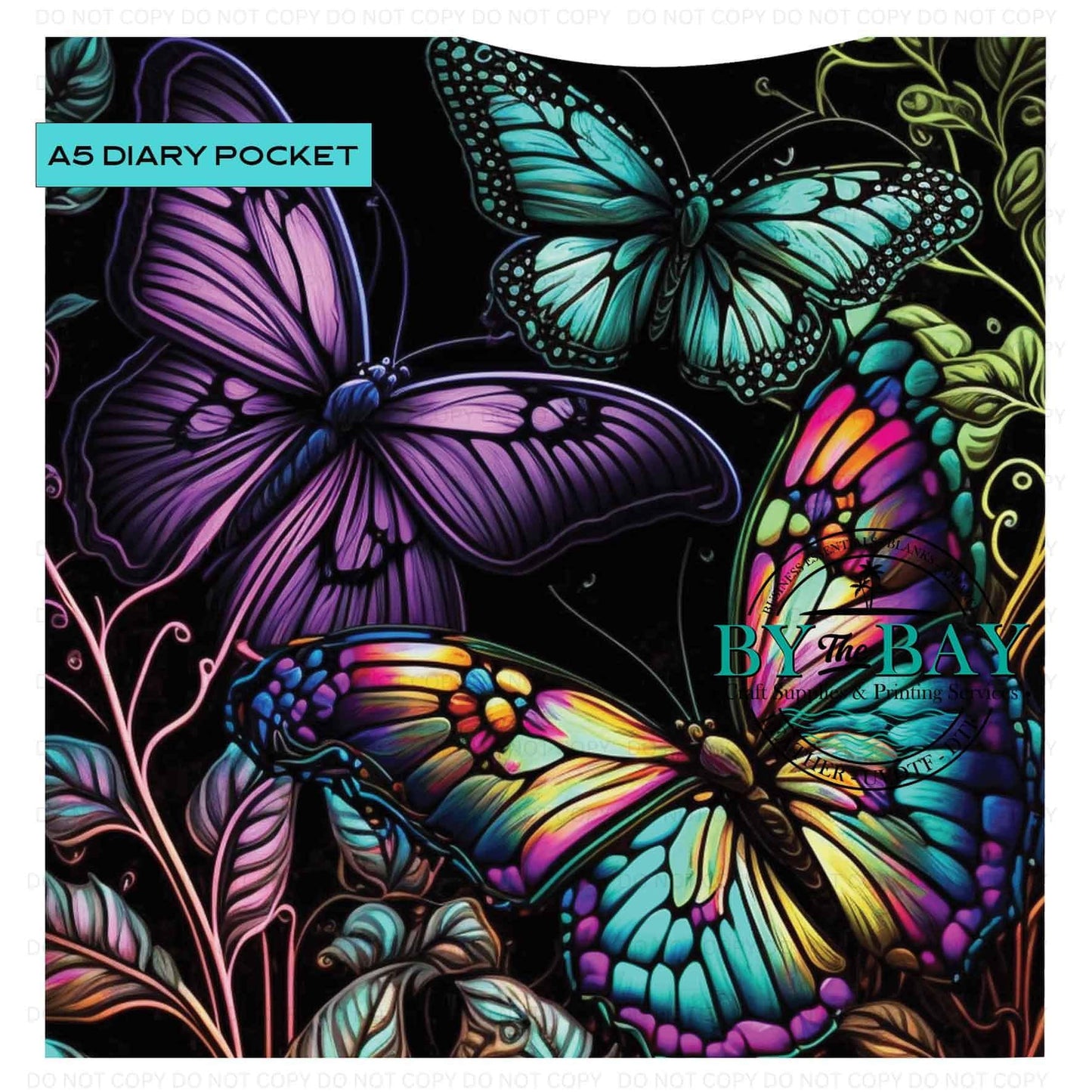 A5 Black Butterfly Diary Front phone/pen pocket