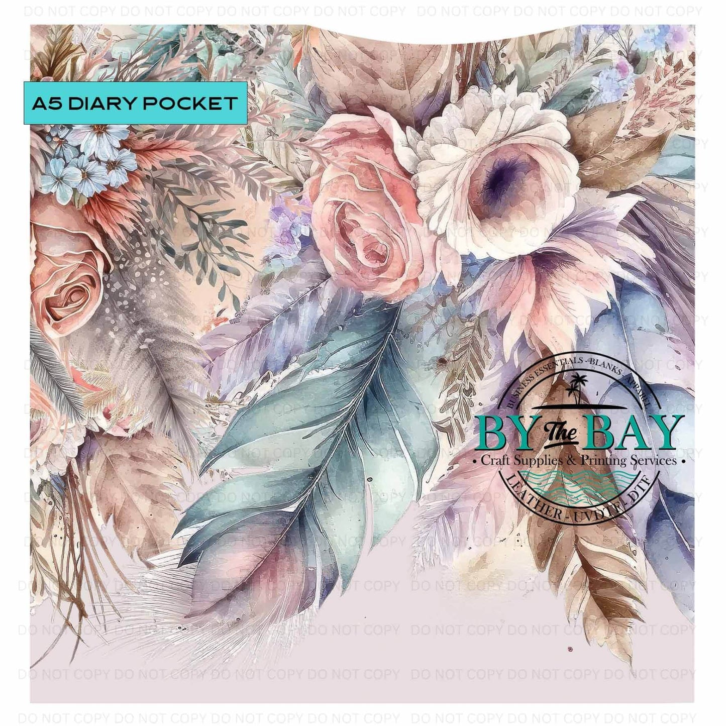 A5 Boho Feather Diary Front phone/pen pocket