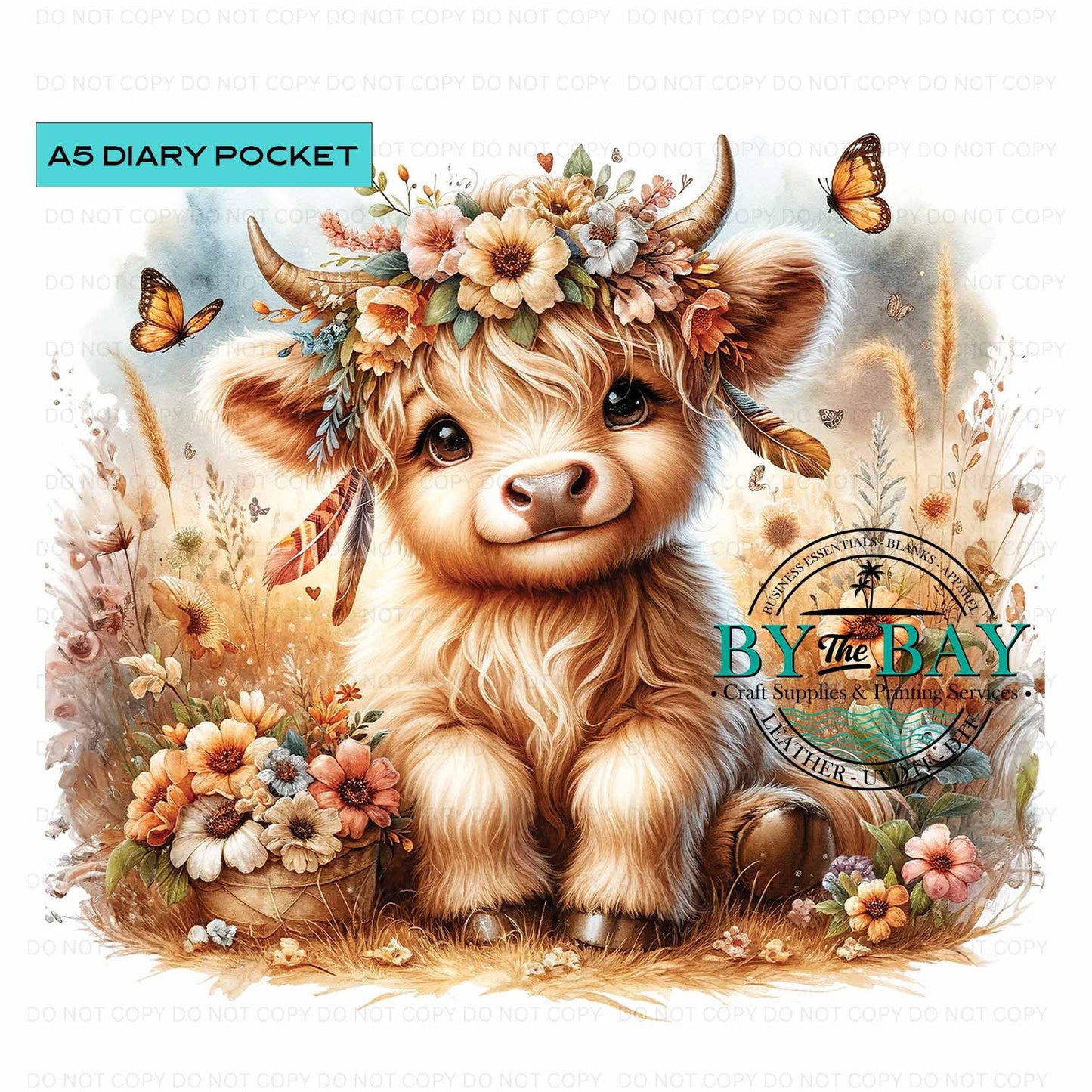 A5 Boho Highland Diary Front phone/pen pocket