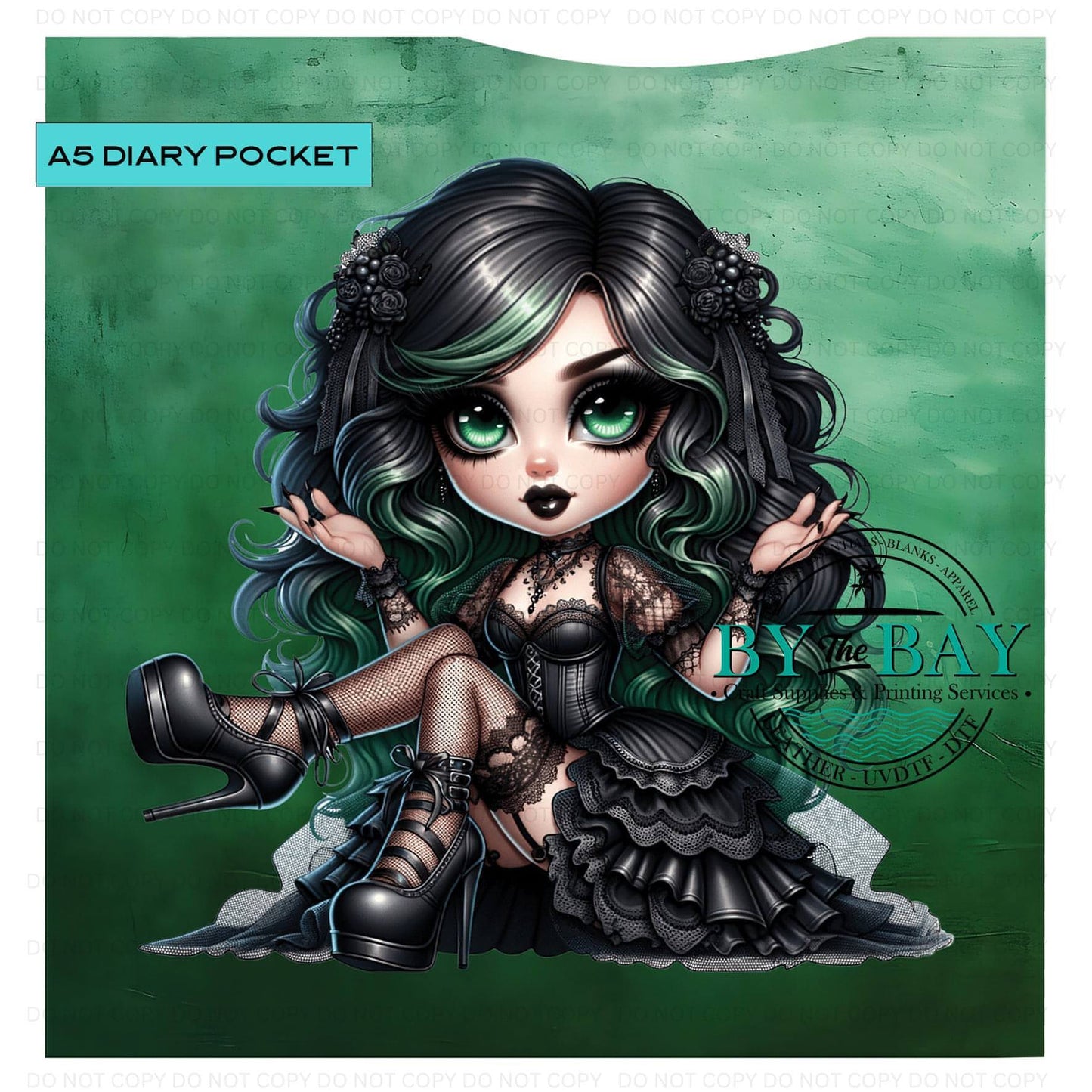 A5 Green Goth Girl Front phone/pen pocket