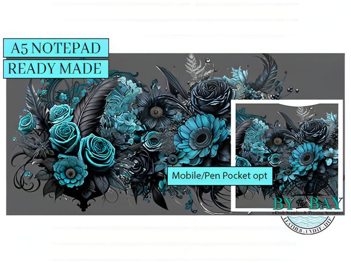 Black & Teal florals - Ready made notepad Cover (Notepad & Pocket options available)
