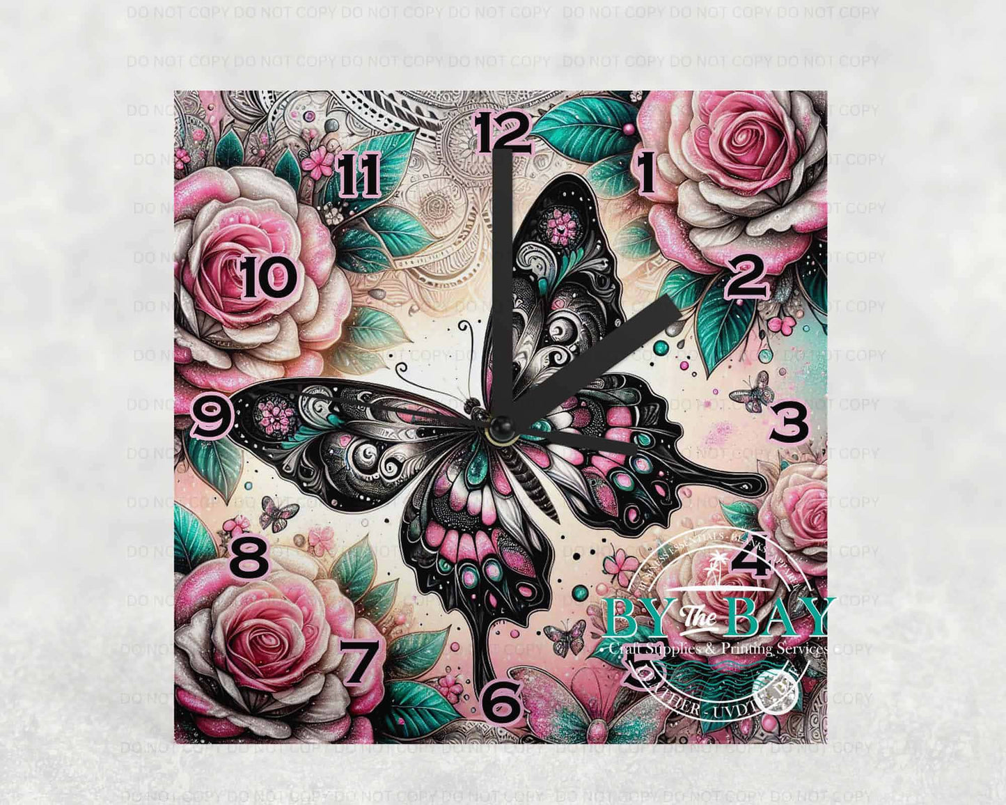 Butterfly Roses Square Clock