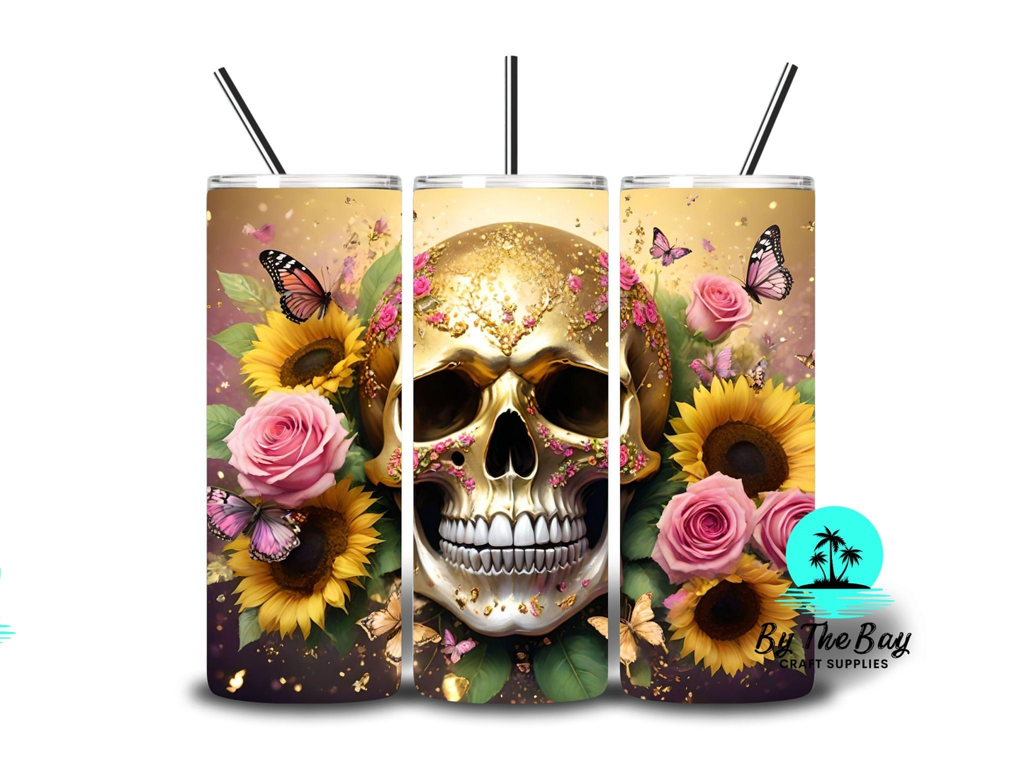 Gold skull, pink butterflies & flowers 20oz SUB Print