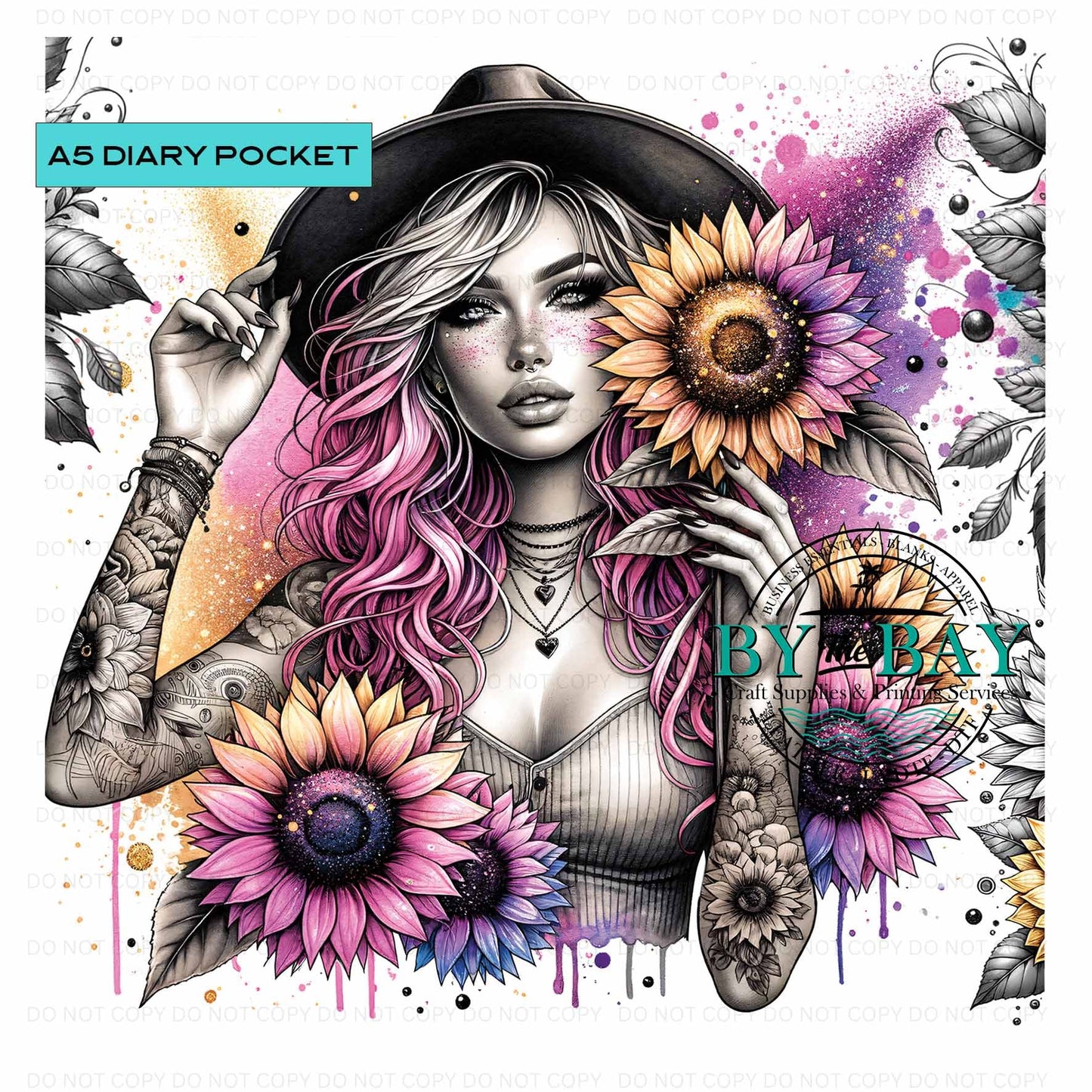 Girl in hat Glitter Sunflowers Front phone/pen pocket