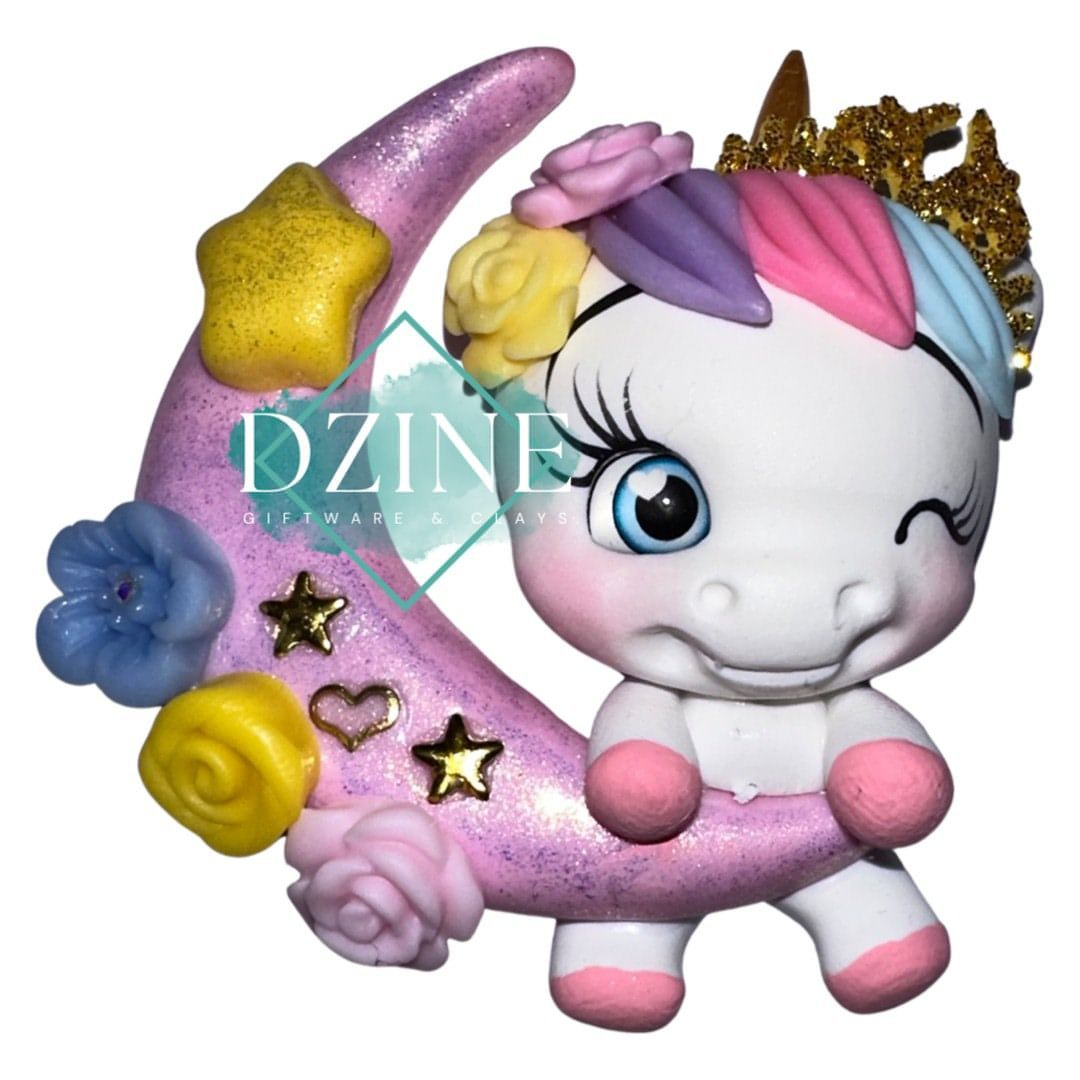 Cute winking unicorn on pink moon