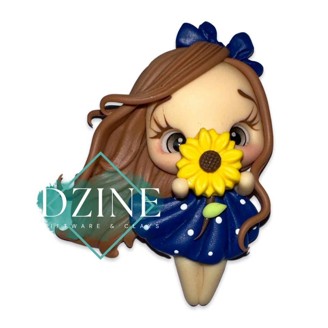Cute sunflower girl blue polka dress