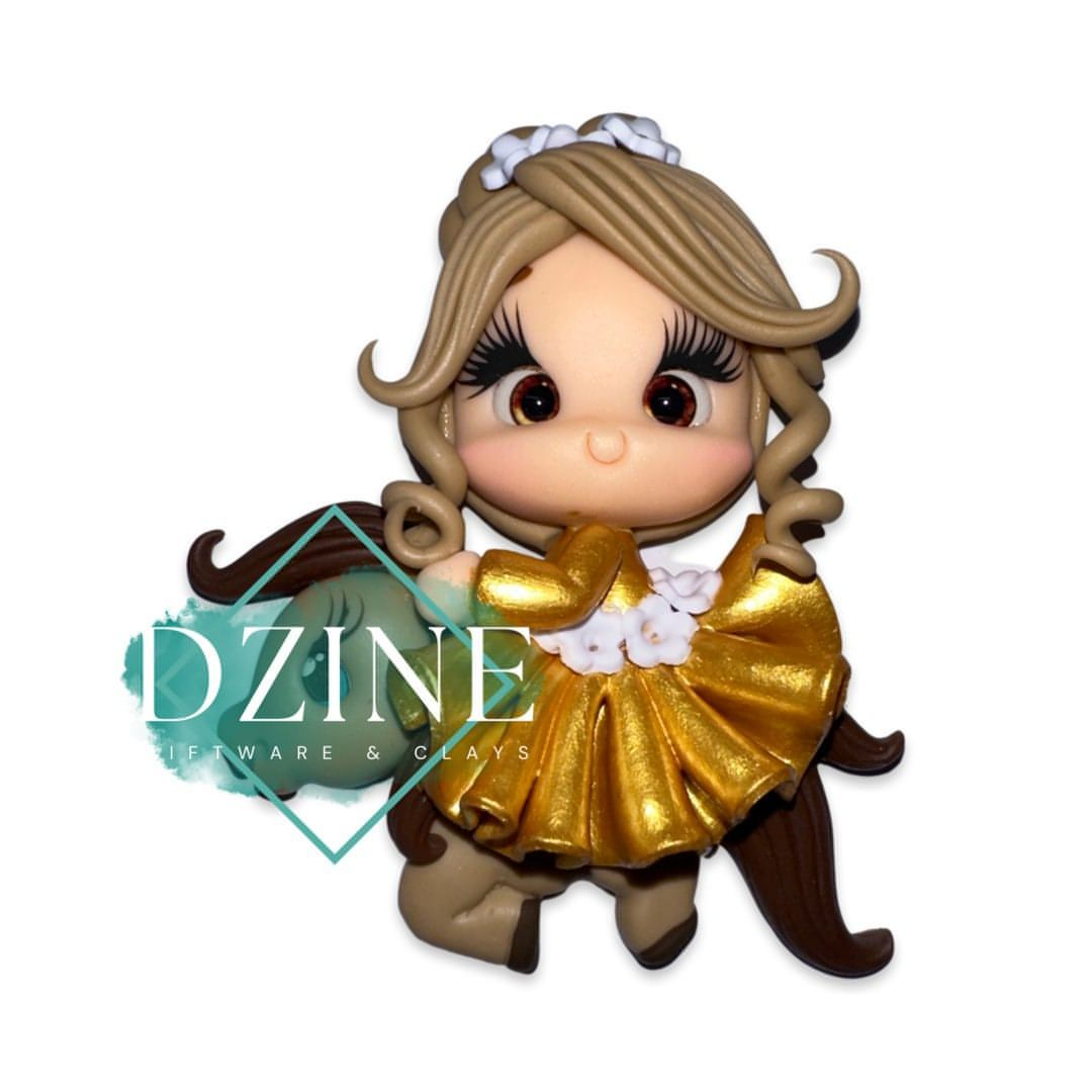 Cute horse rider in gold dress