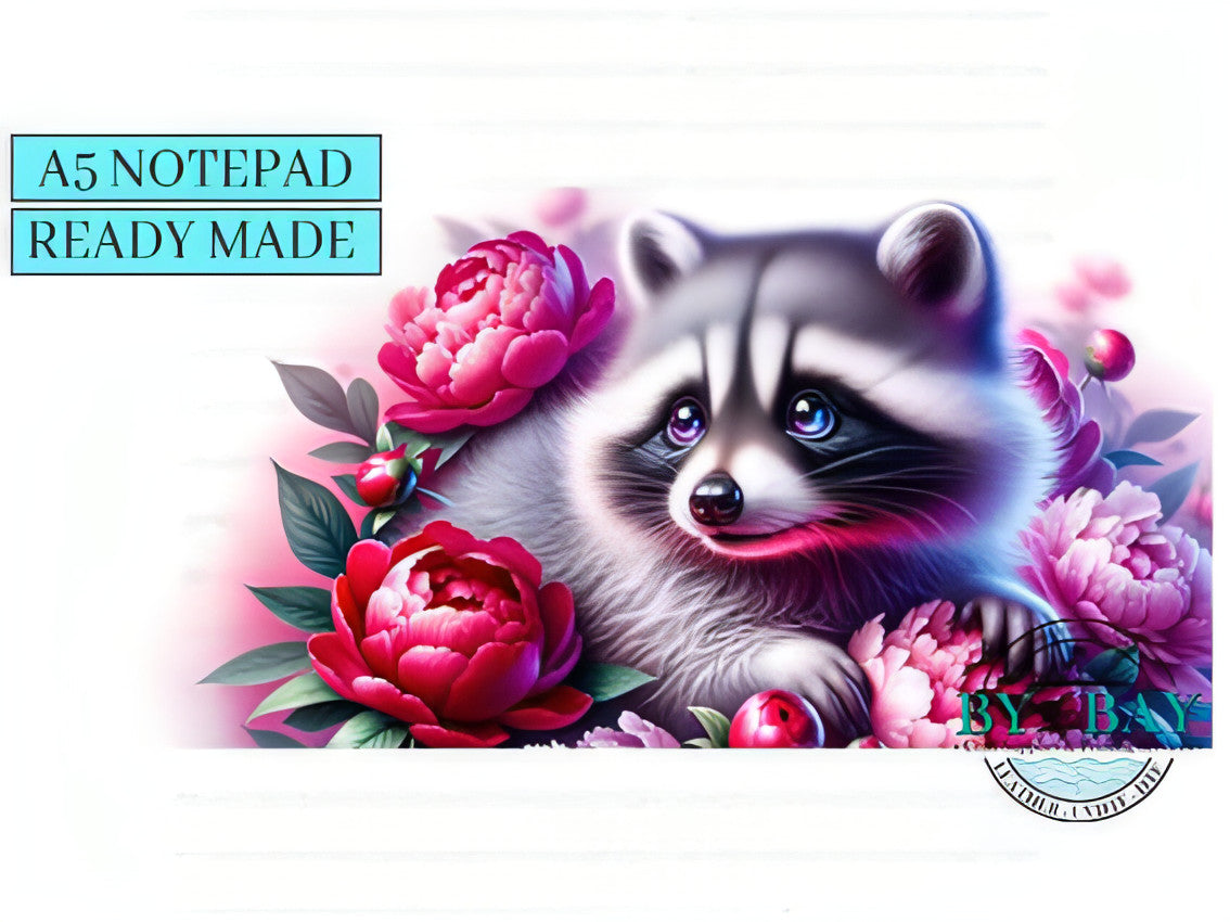 Raccoon floral  Ready made notepad   (Notepad & pocket options available)