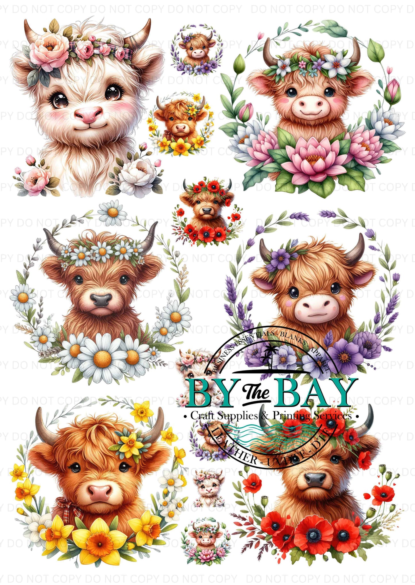 Floral Highland Cows A4009 Decal Sheet