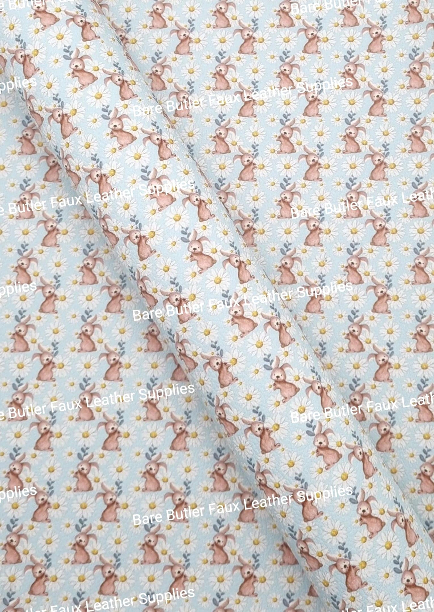 Bunny and White Daisy on Blue Background Litchi - Bare Butler Faux Leather Supplies