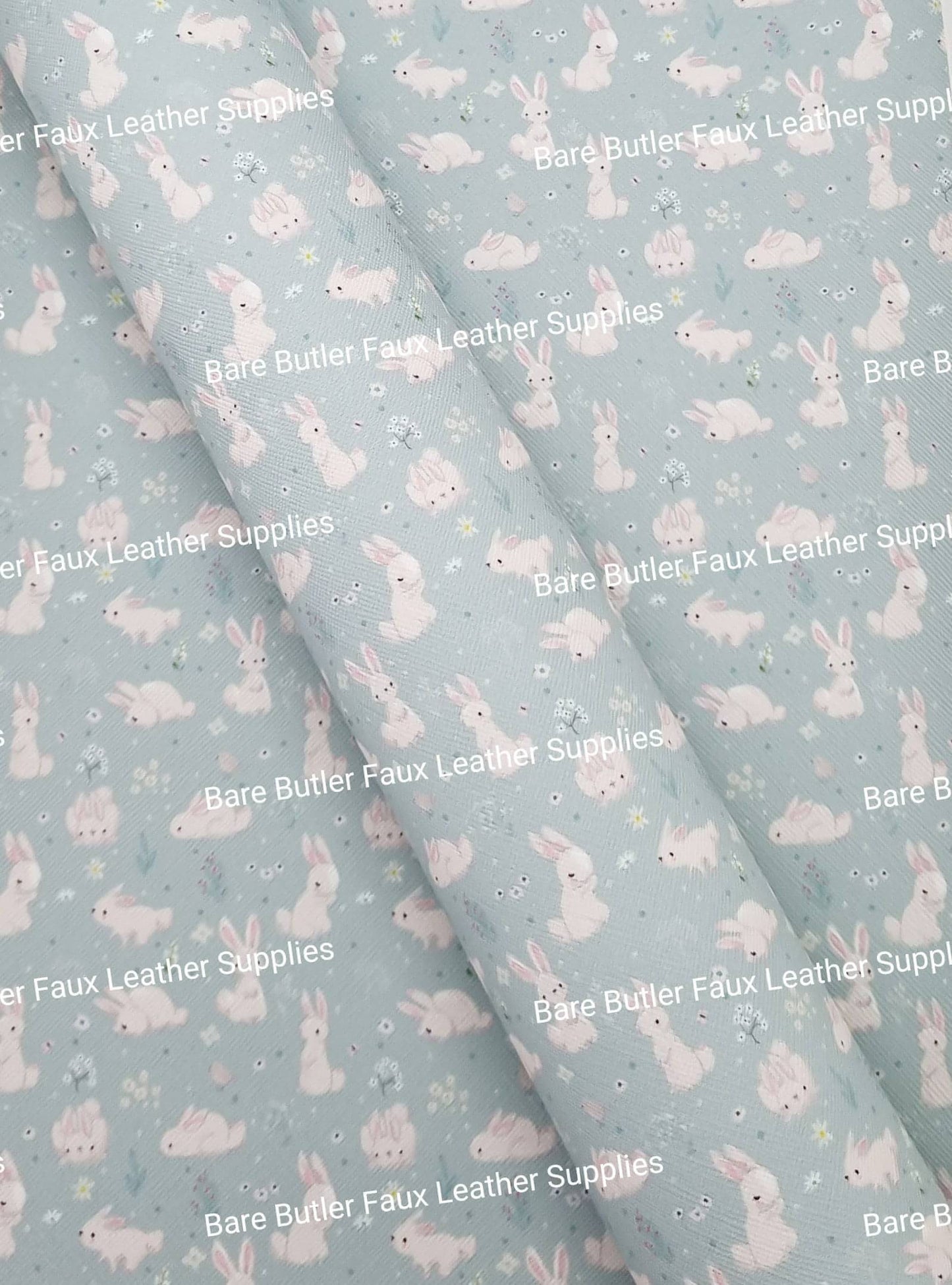 White Bunny's on Green Background Faux Leather - Bare Butler Faux Leather Supplies