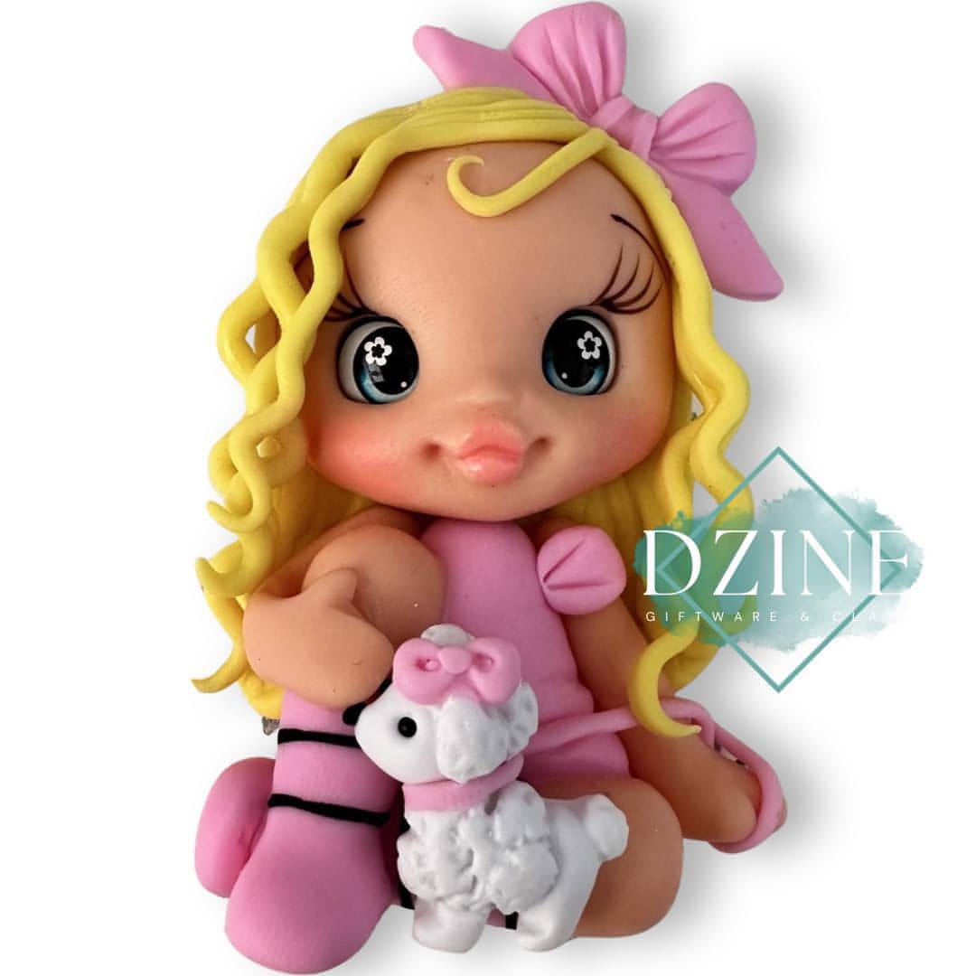 Pink sitting girl & her poodle