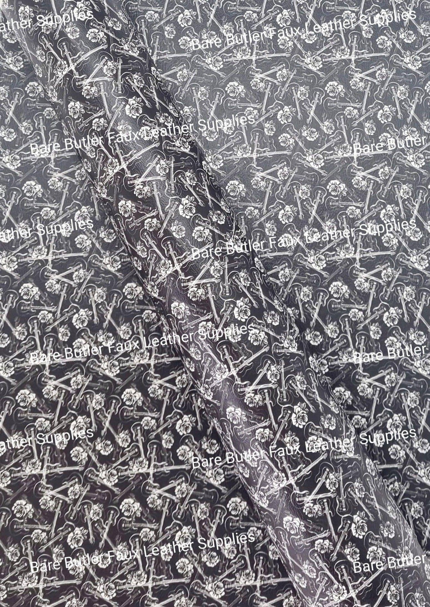 Guitars on Black Litchi - Limited Stock - Faux, Faux Leather, Leather, leatherette - Bare Butler Faux Leather Supplies