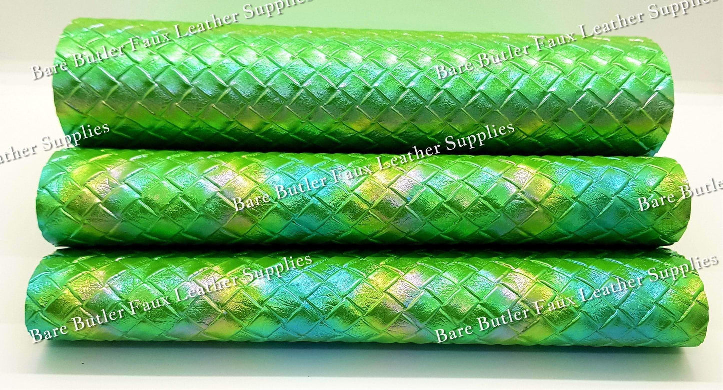 Basket Weave Metallic Green - Basket, Faux, Faux Leather, Leather, leatherette, pattern, weave - Bare Butler Faux Leather Supplies