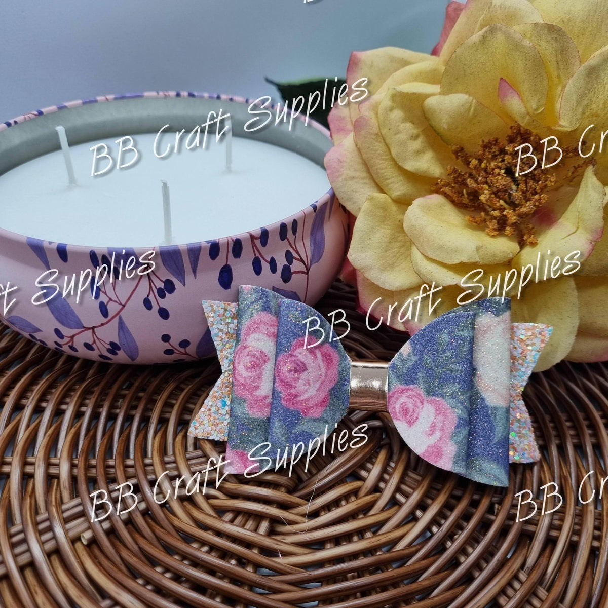 Bow - Fine Glitter Florals Blue 4 in - bow, florals, Glitter - Bare Butler Faux Leather Supplies