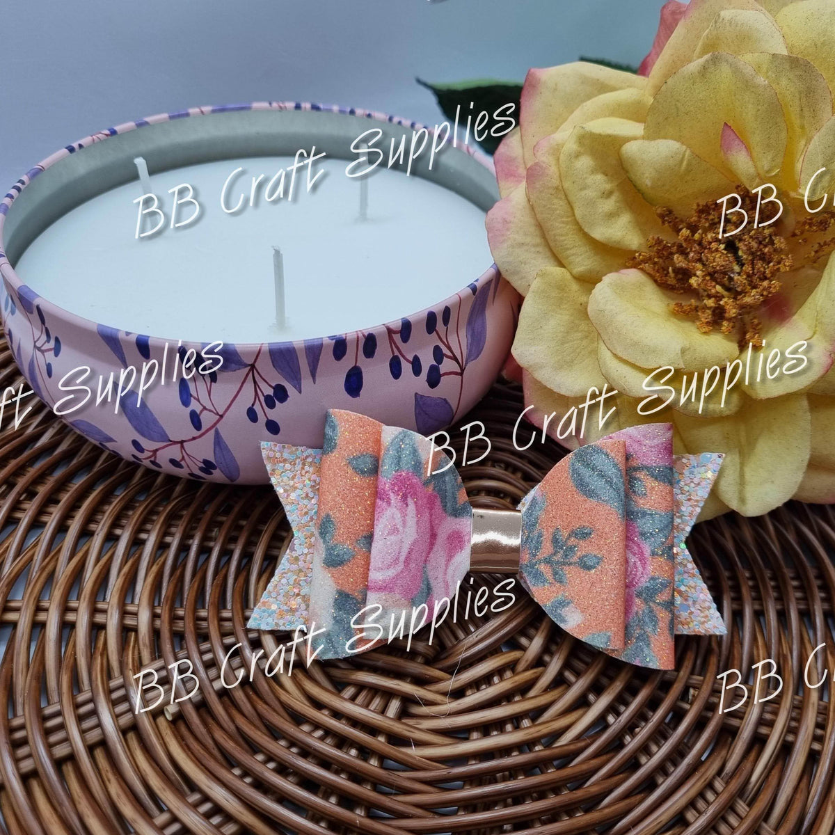 Bow - Fine Glitter Florals Orange 4 in - bow, florals, Glitter - Bare Butler Faux Leather Supplies