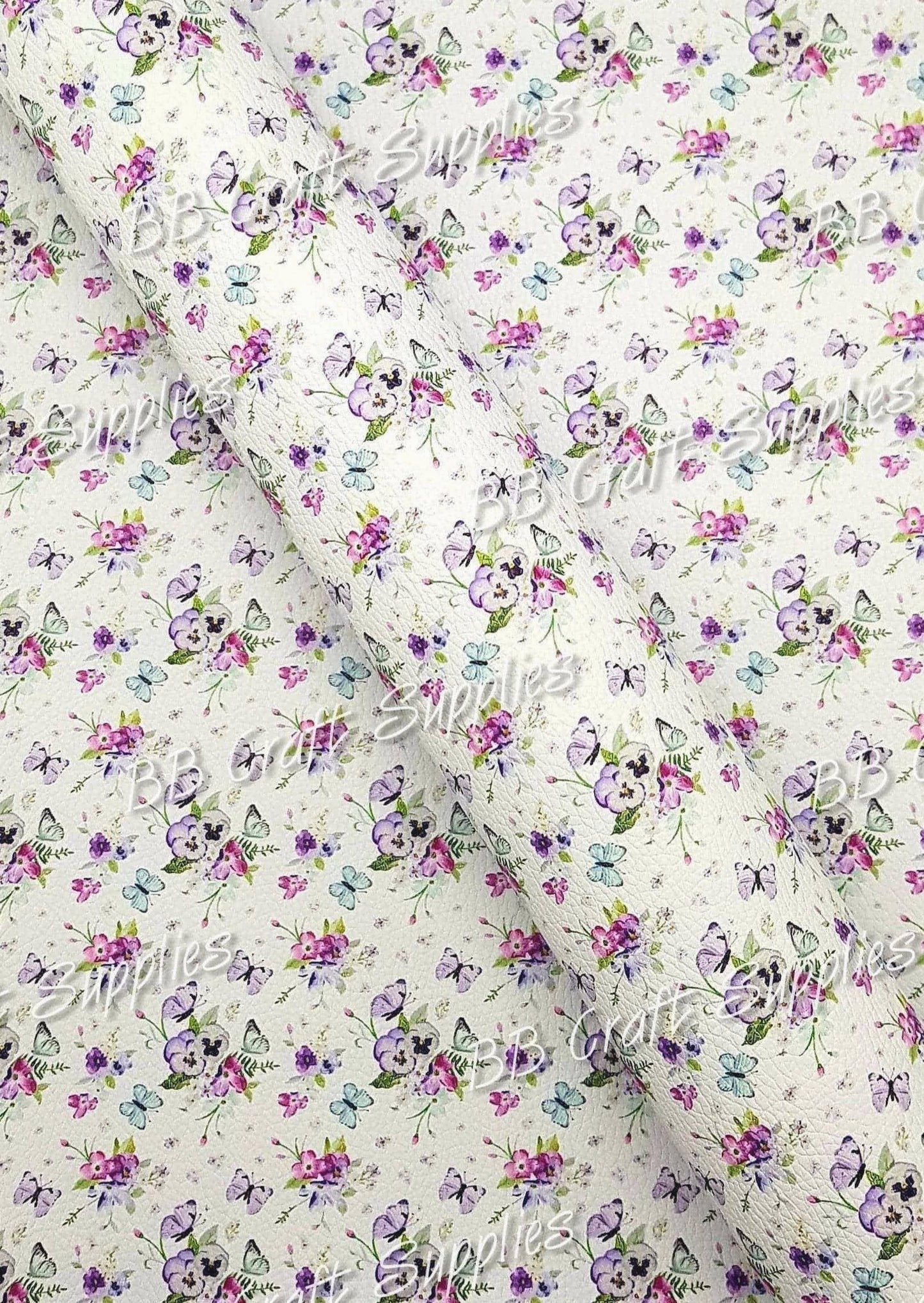 Butterfly's & Pansies Litchi - butterflies, Butterfly, Faux, Faux Leather, Flora, floral, Florals, flower, Flowers, Leather, leatherette, pansies - Bare Butler Faux Leather Supplies