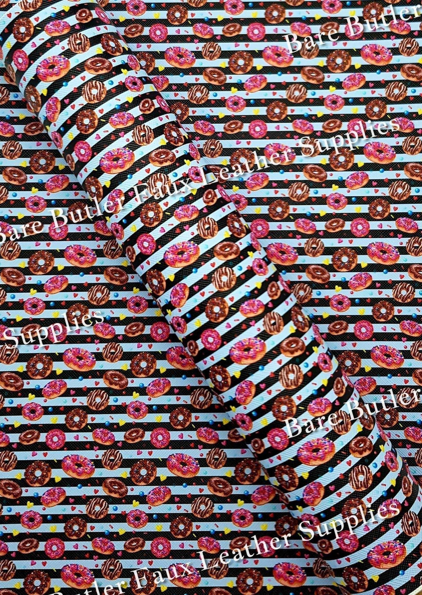 Chocolate & Strawberry Iced Doughnuts Faux Leather - Chocolate, doughnut, Doughnuts, dougnuts, Faux, Faux Leather, Food, Leather, leatherette, Strawberry, Sweets - Bare Butler Faux Leather Supplies