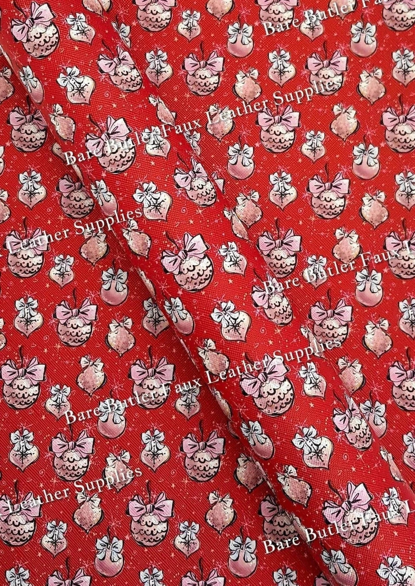 Christmas Baubles Red Faux Leather - baubles, christmas, Faux, Faux Leather, Leather, leatherette, pattern - Bare Butler Faux Leather Supplies