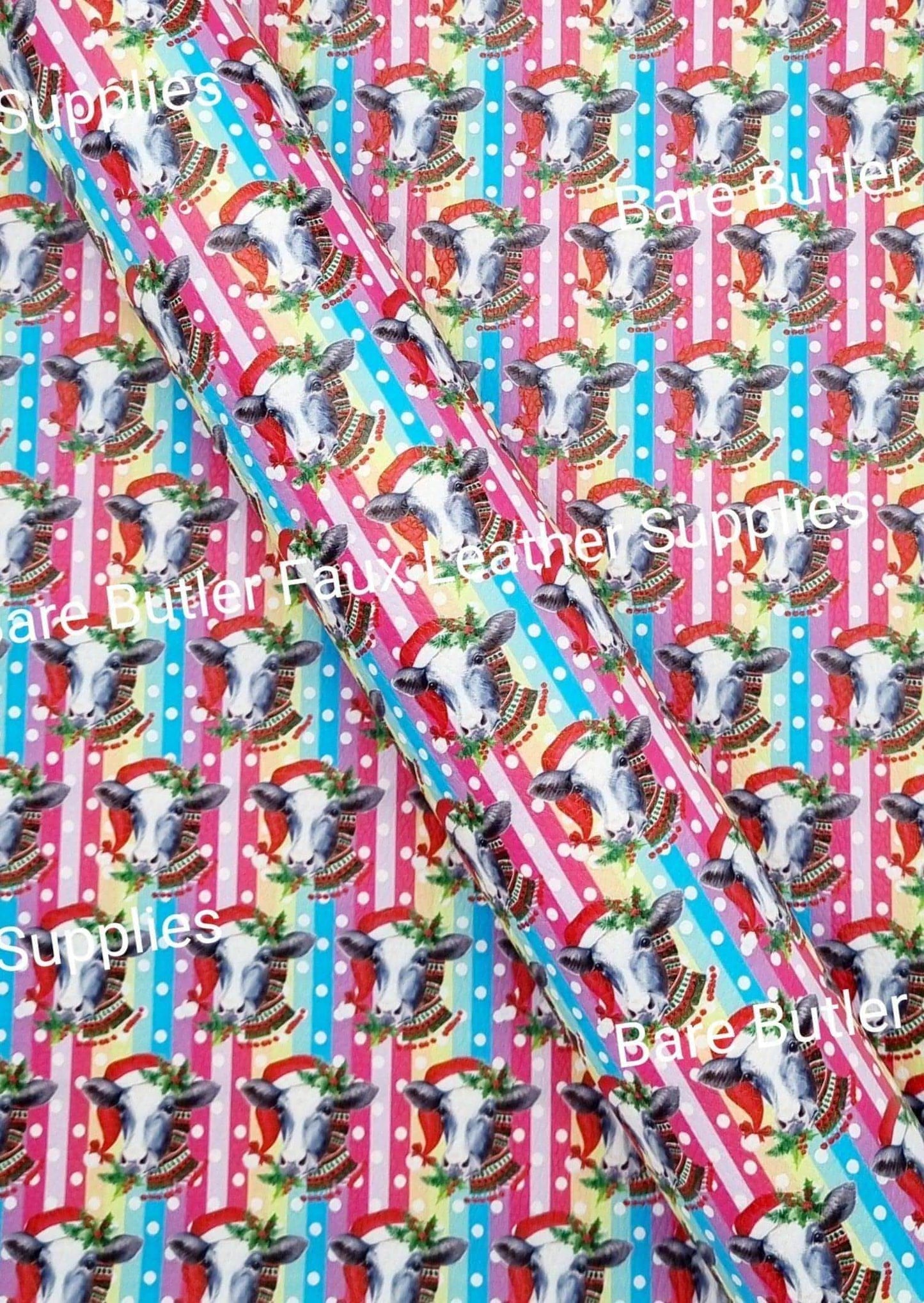 Christmas Cows Litchi - Fabric, Faux, Faux Leather, Leather, leatherette, Litchi - Bare Butler Faux Leather Supplies