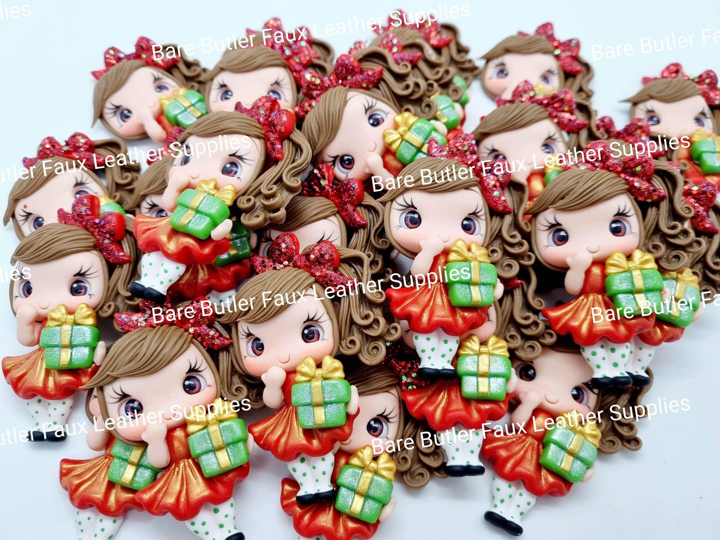 Christmas Girl & Green Present - Clay, Clays, girl - Bare Butler Faux Leather Supplies