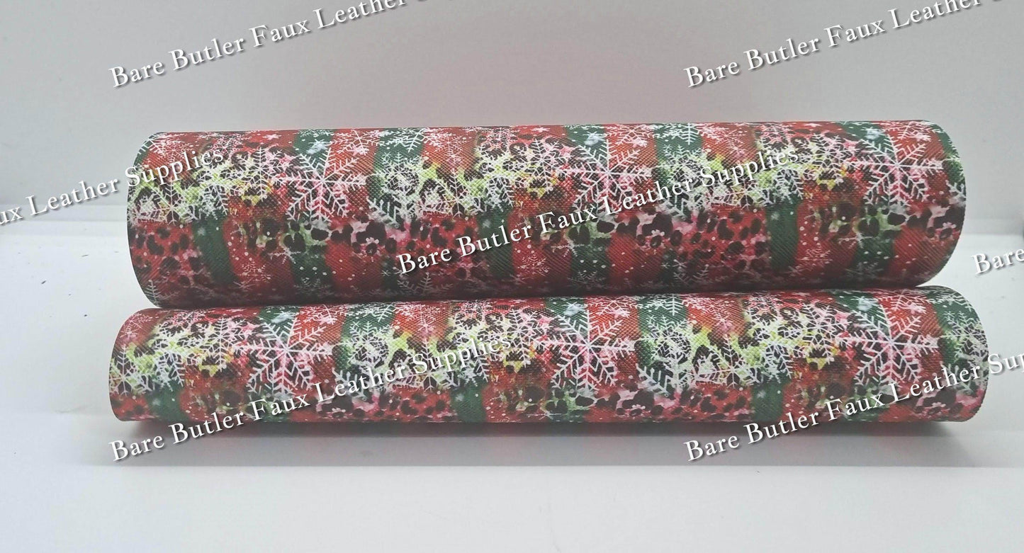 Christmas Leopard/Snowflakes Print - baubles, christmas, Faux, Faux Leather, Leather, leatherette, Ornament, santa - Bare Butler Faux Leather Supplies