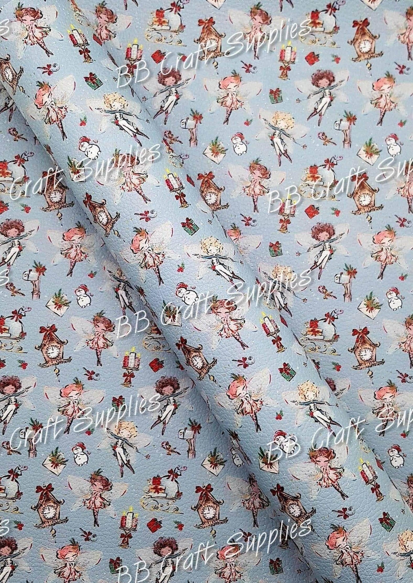 Christmas Magical Fairies Blue Litchi - fairies, fairy, Faux, Faux Leather, Leather, leatherette, Litchi, new year - Bare Butler Faux Leather Supplies