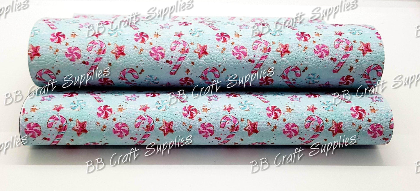 Christmas Peppermints & Candy Canes Blue Litchi - Candy Canes, christmas, Faux, Faux Leather, Leather, leatherette, Litchi, Peppermints - Bare Butler Faux Leather Supplies