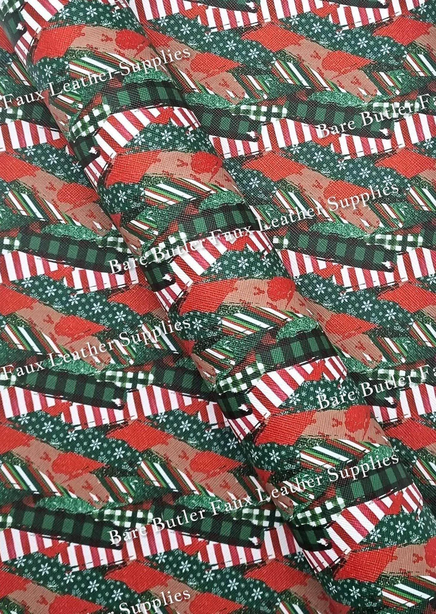 Christmas Ribbons Faux Leather - christmas, Faux, Faux Leather, Gnome, Gnomes, ho ho ho, Leather, leatherette, Litchi, Red, ribbon, santa, snowflake, Snowflakes - Bare Butler Faux Leather Supplies