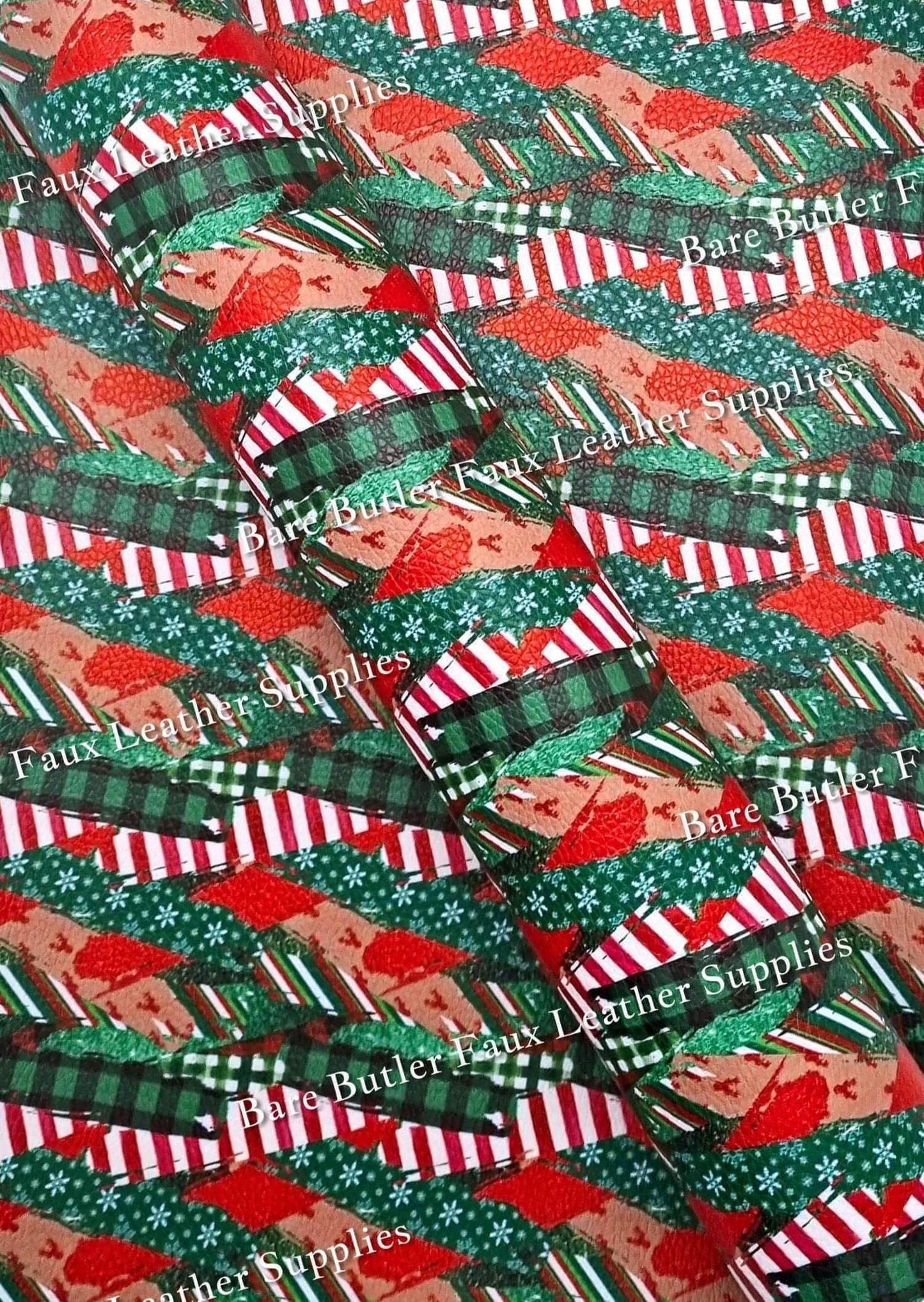 Christmas Ribbons Litchi - christmas, Faux, Faux Leather, Gnome, Gnomes, ho ho ho, Leather, leatherette, Litchi, Red, ribbon, santa, snowflake, Snowflakes - Bare Butler Faux Leather Supplies