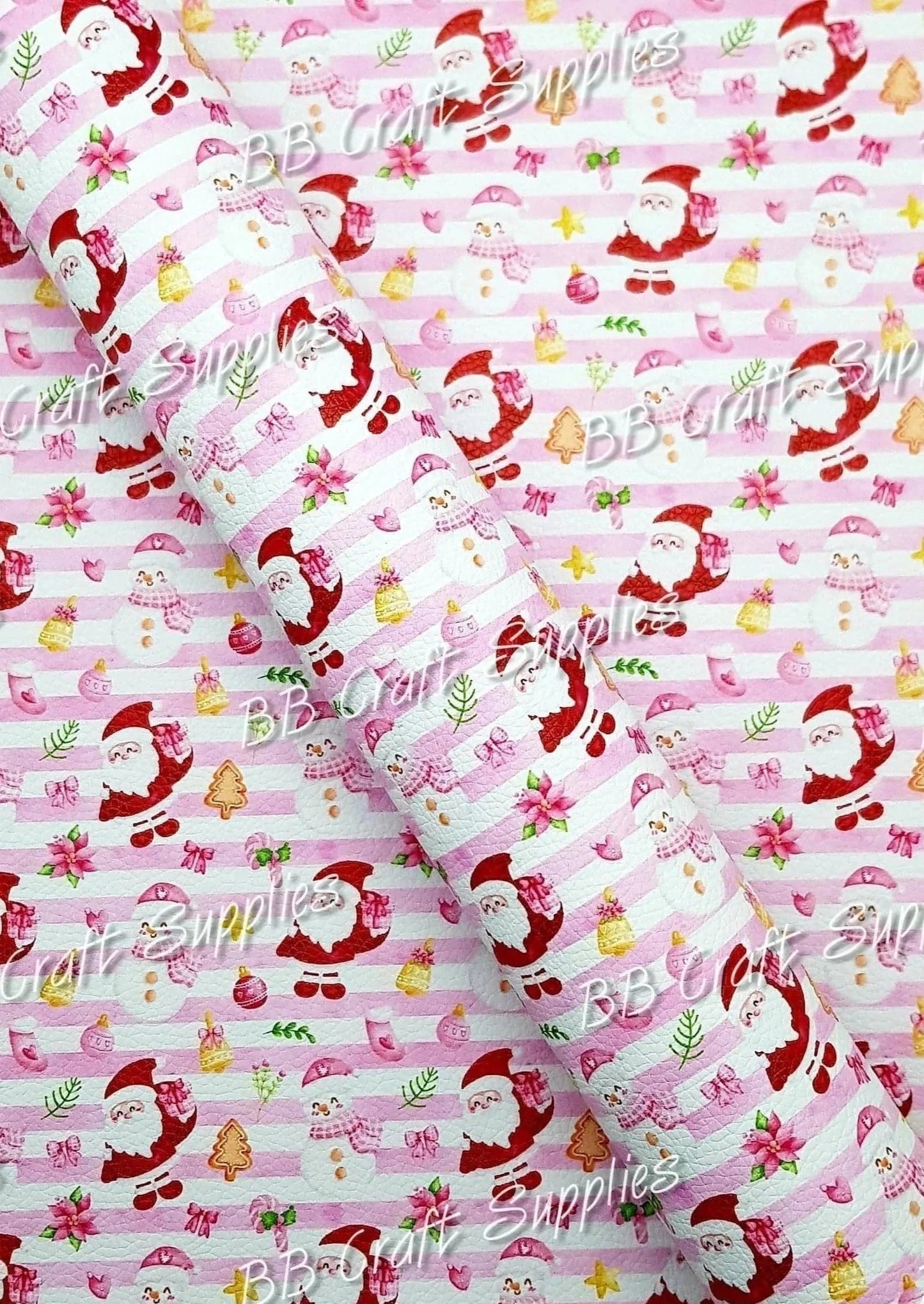 Christmas Santa Pink & White stripe Litchi - Faux, Faux Leather, Leather, leatherette, Litchi, Pink, santa, Stripe, Stripes - Bare Butler Faux Leather Supplies