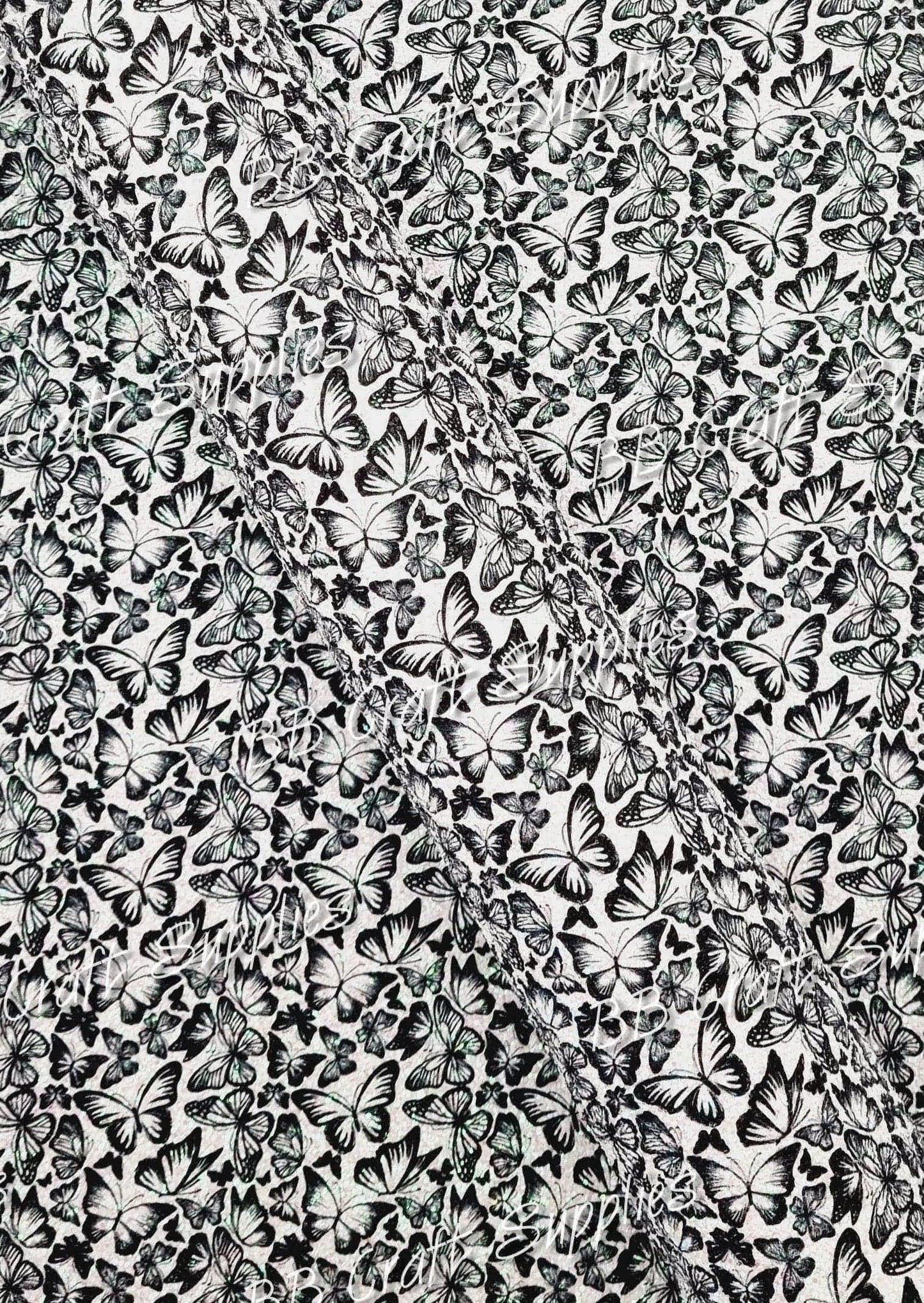 Chunky Glitter - Black & White Butterflies - Black, butterflies, Butterfly, Chunky, Faux, Faux Leather, flower, glitter, leather, leatherette - Bare Butler Faux Leather Supplies