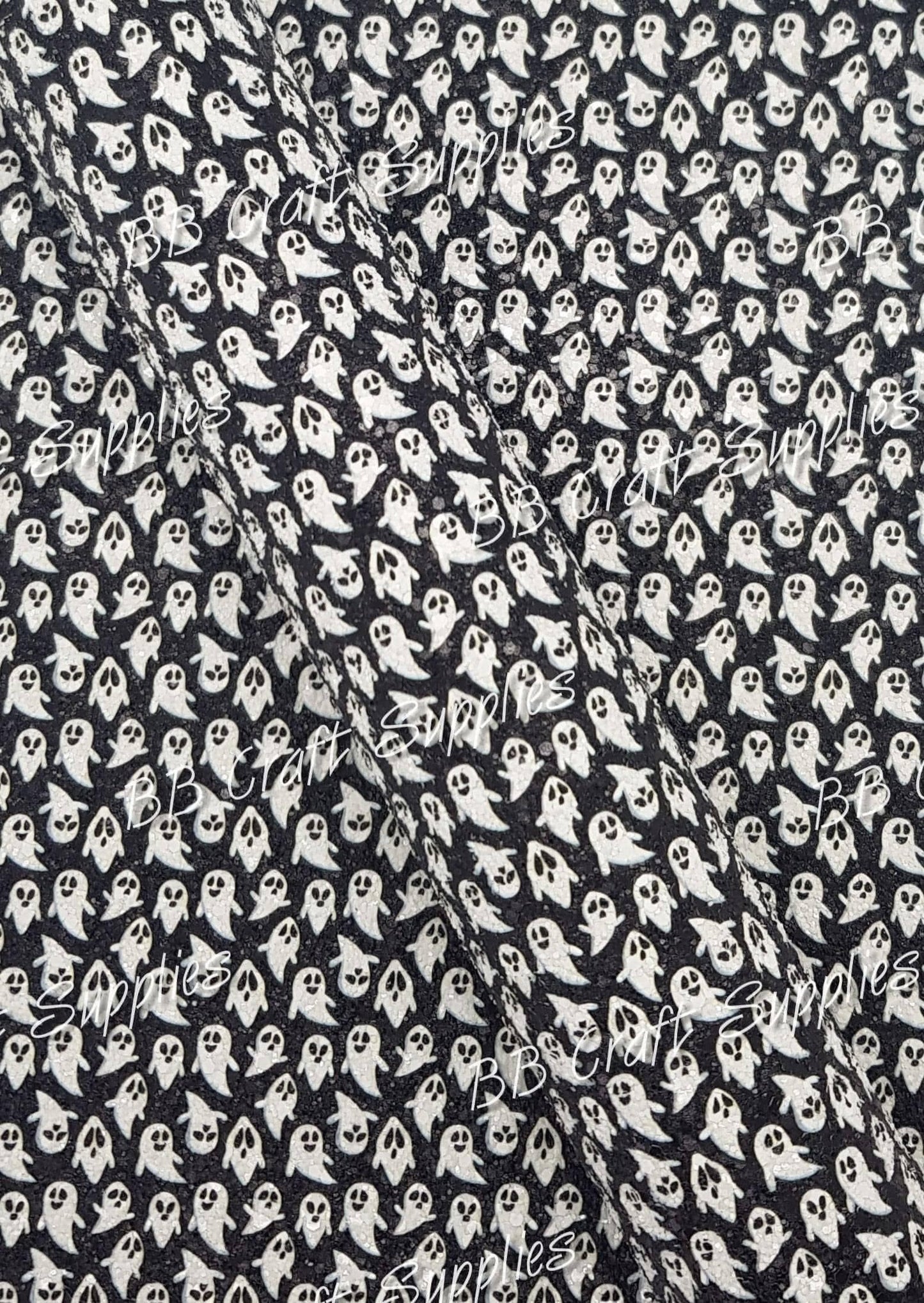 Chunky Glitter - Ghosts - Black, Chunky, Faux, Faux Leather, Ghost, glitter, Halloween, leather, leatherette - Bare Butler Faux Leather Supplies