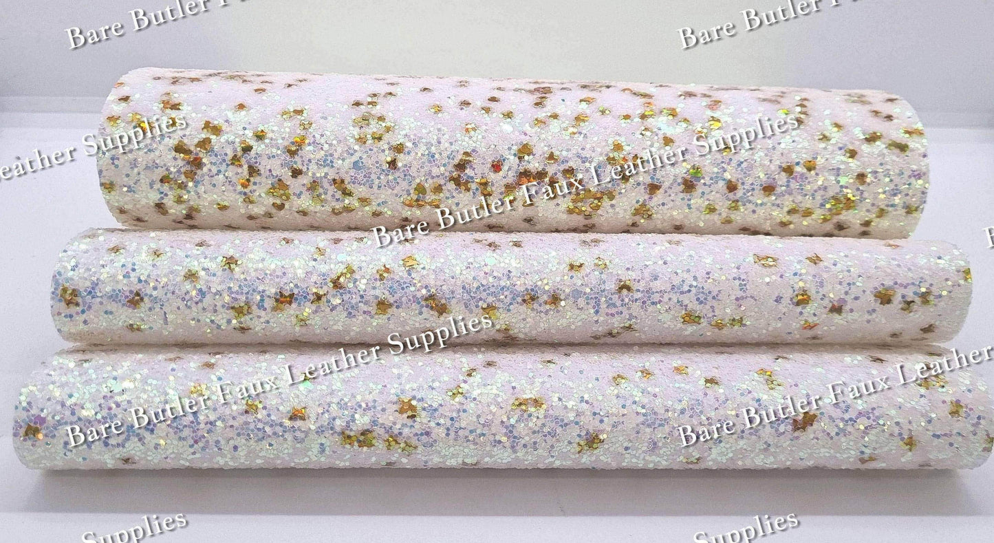 Chunky Glitter - White/Gold Shimmer - Chunky, Faux, Faux Leather, glitter, gold, leather, leatherette, sparkles - Bare Butler Faux Leather Supplies