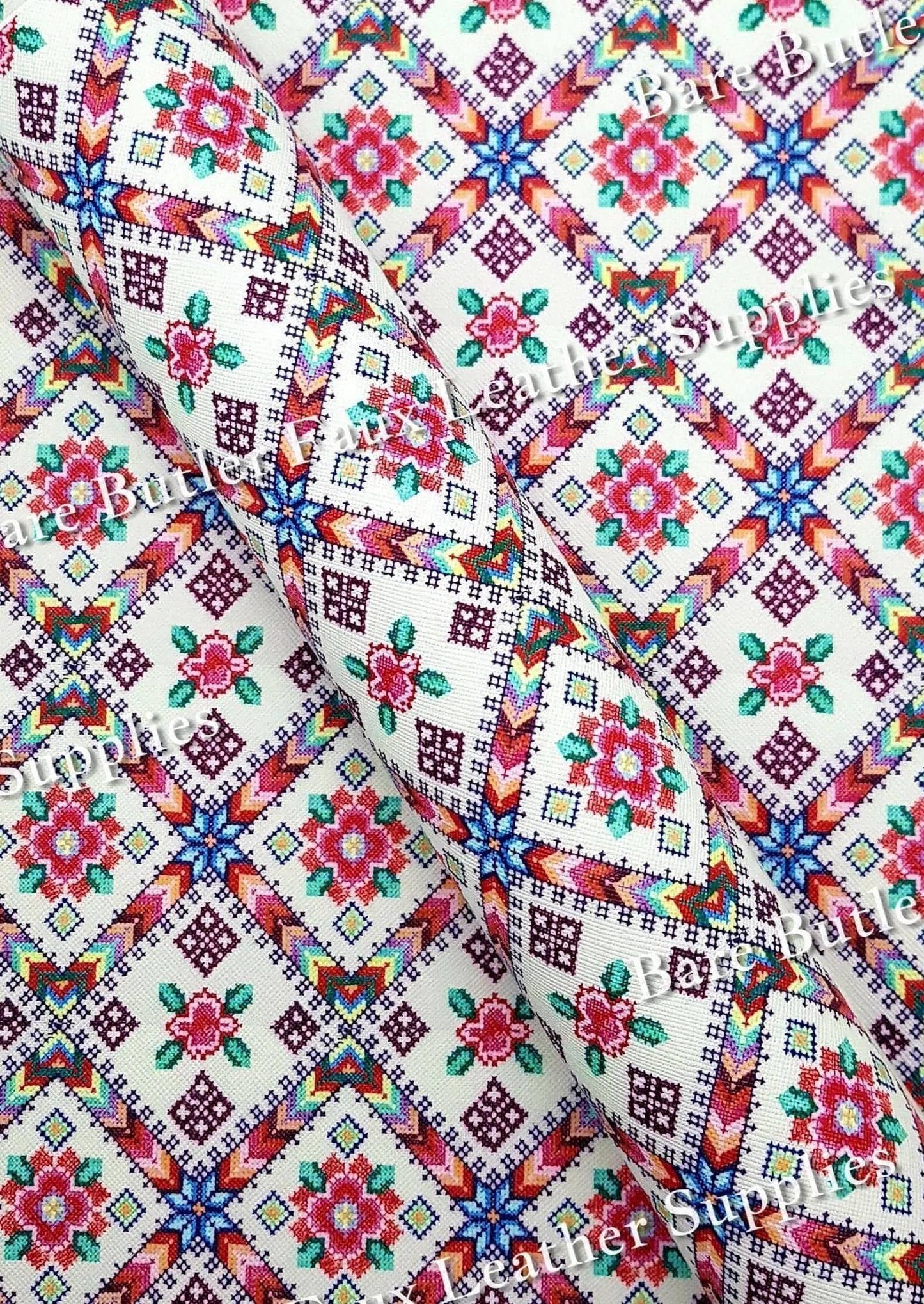 Cross Stitch Florals Faux Leather - cross stitch, Faux, Faux Leather, floral, Florals, flower, Flowers, Leather, leatherette, pattern - Bare Butler Faux Leather Supplies