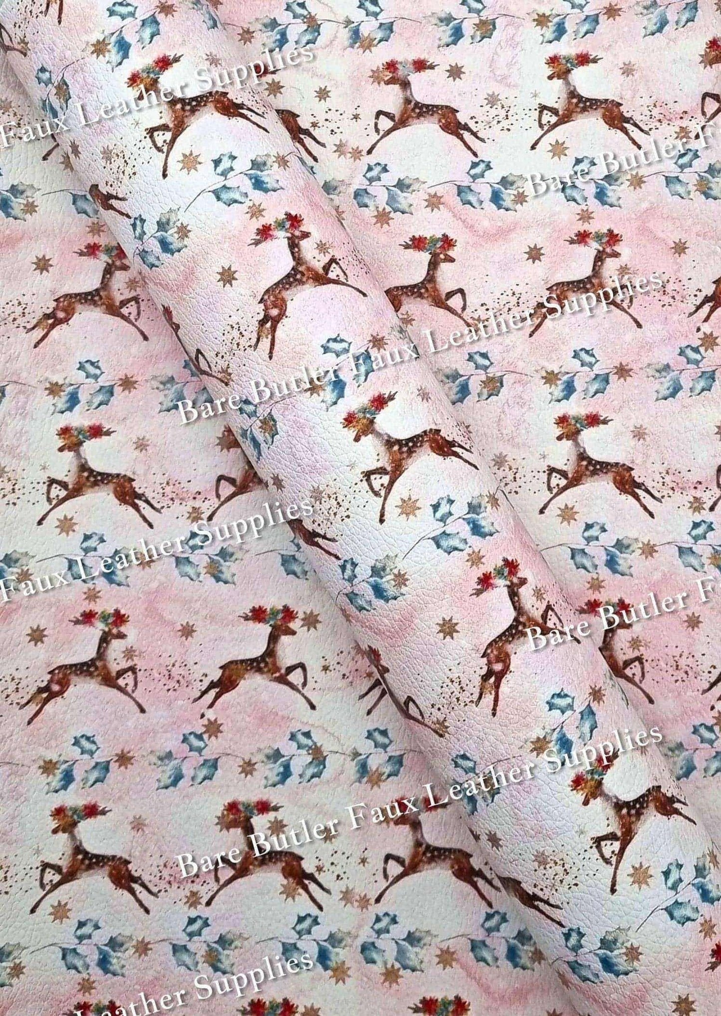 Deer's Leaping Litchi - 12 days, christmas, Dancing, deer, Faux, Faux Leather, Gnome, Gnomes, ho ho ho, Leather, leatherette, Litchi, ribbon, santa, snowflake, Snowflakes, stocking - Bare Butler Faux Leather Supplies