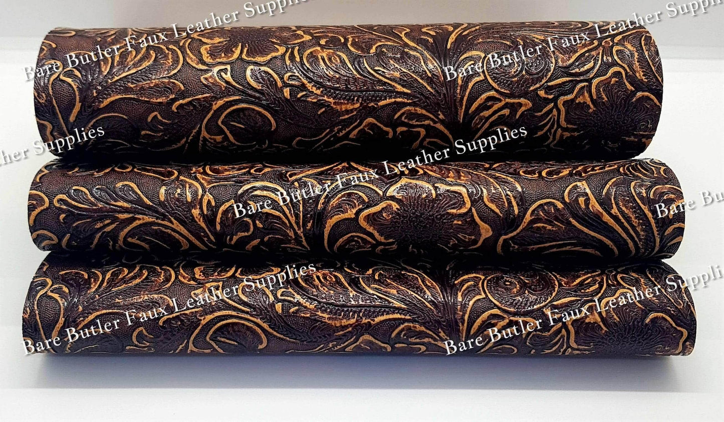 Embossed Floral Bloom Brown & Bronze - embossed, Faux, Faux Leather, Floral, Leather, leatherette, metallic, Whats new - Bare Butler Faux Leather Supplies