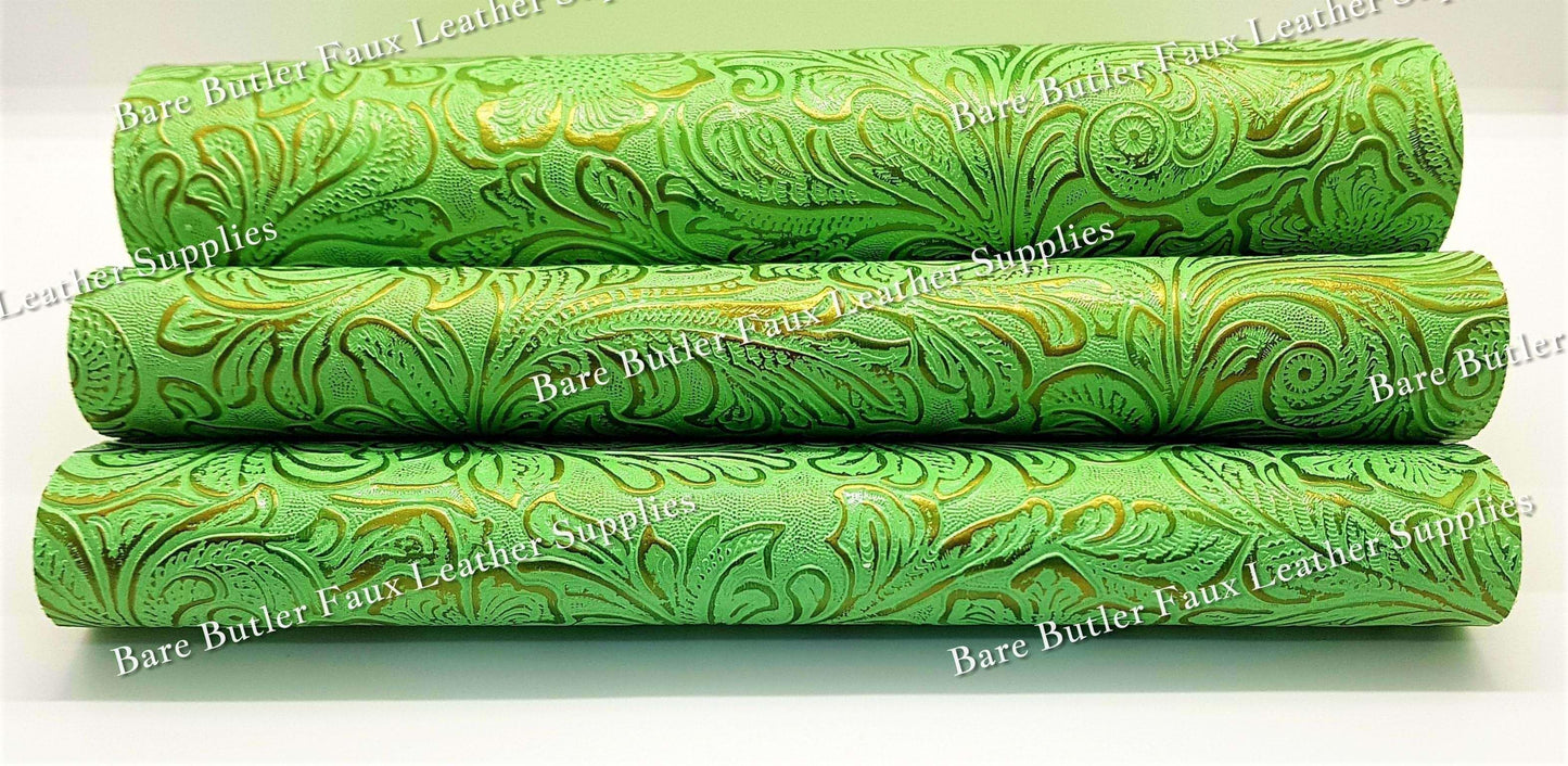 Embossed Floral Bloom Green - embossed, Faux, Faux Leather, Floral, Leather, leatherette, metallic, Whats new - Bare Butler Faux Leather Supplies