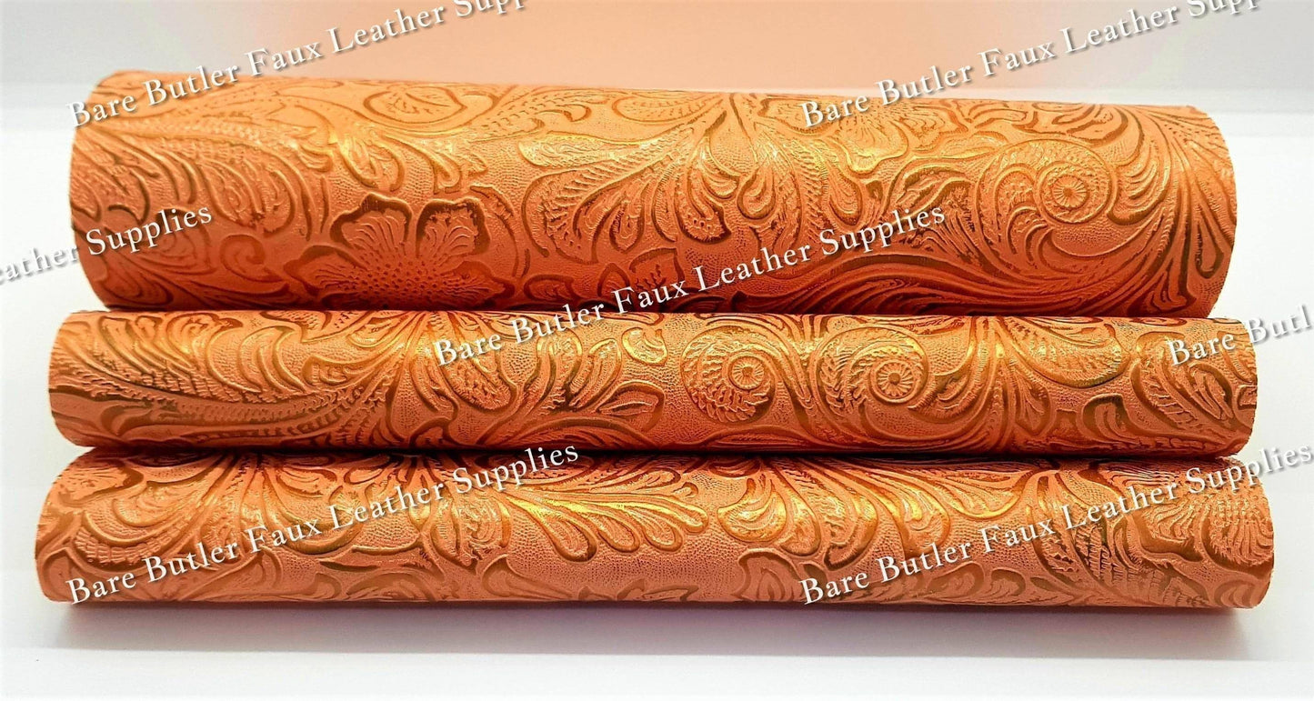 Embossed Floral Bloom Orange - embossed, Faux, Faux Leather, Floral, Leather, leatherette, metallic, Whats new - Bare Butler Faux Leather Supplies