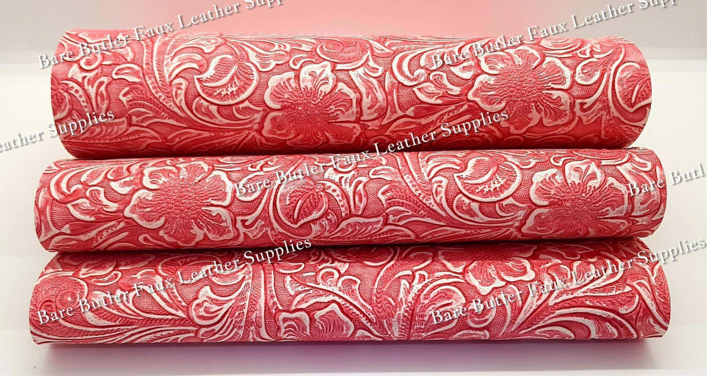 Embossed Floral Bloom Pink & White - embossed, Faux, Faux Leather, Floral, Leather, leatherette, metallic, Whats new - Bare Butler Faux Leather Supplies