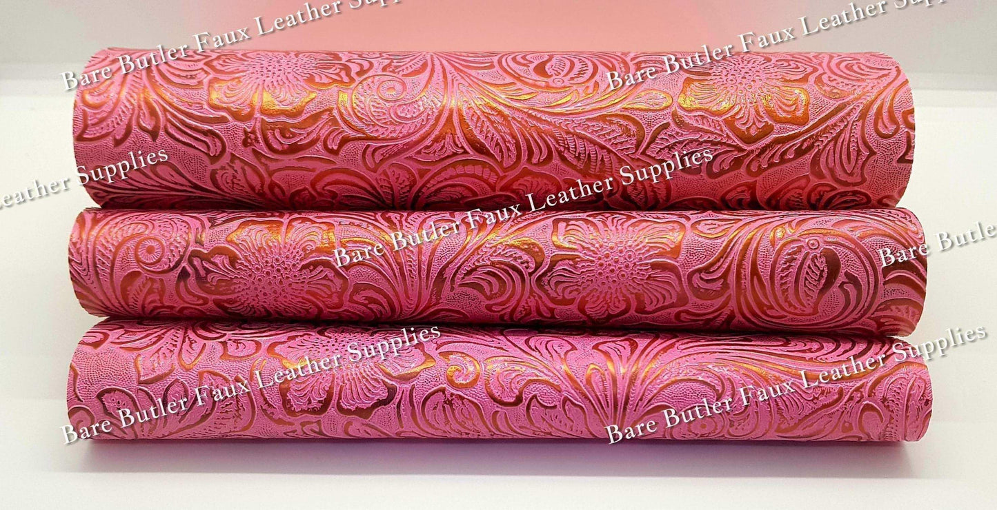 Embossed Floral Bloom Pink - embossed, Faux, Faux Leather, Floral, Leather, leatherette, metallic, Whats new - Bare Butler Faux Leather Supplies