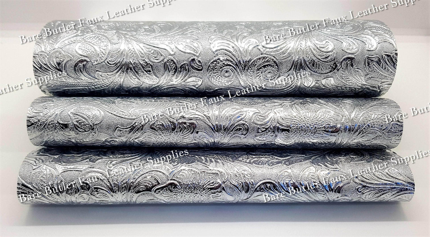 Embossed Floral Bloom Silver - embossed, Faux, Faux Leather, Floral, Leather, leatherette, metallic, Whats new - Bare Butler Faux Leather Supplies