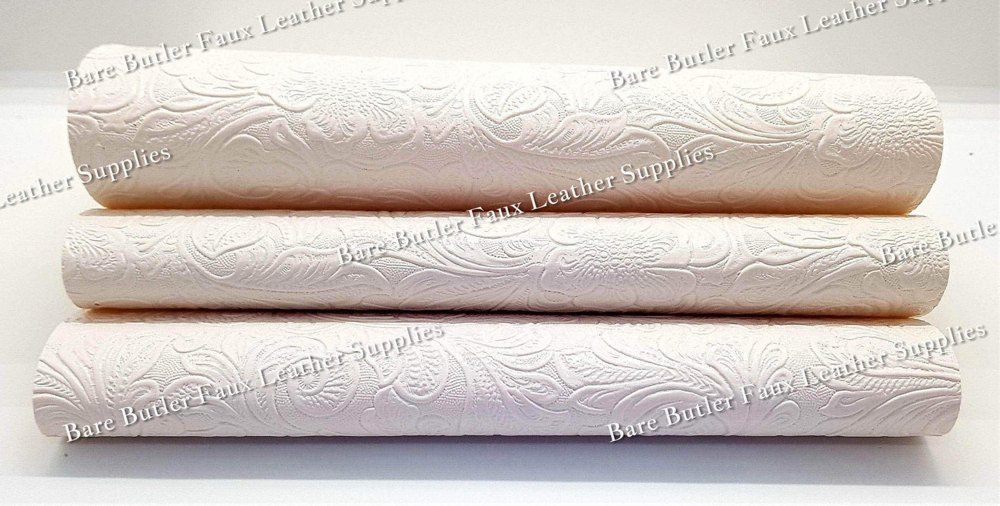 Embossed Floral Bloom White - embossed, Faux, Faux Leather, Floral, Leather, leatherette, metallic, Whats new - Bare Butler Faux Leather Supplies