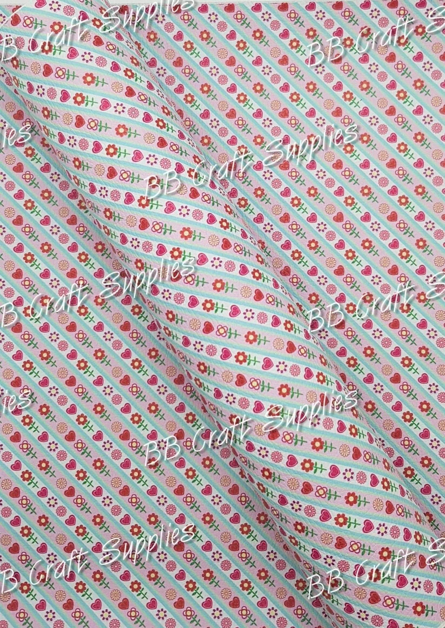 Floral & Heart Stripes - Faux, Faux Leather, floral, flower, flowert, hearts, Leather, leatherette, Litchi, pattern - Bare Butler Faux Leather Supplies