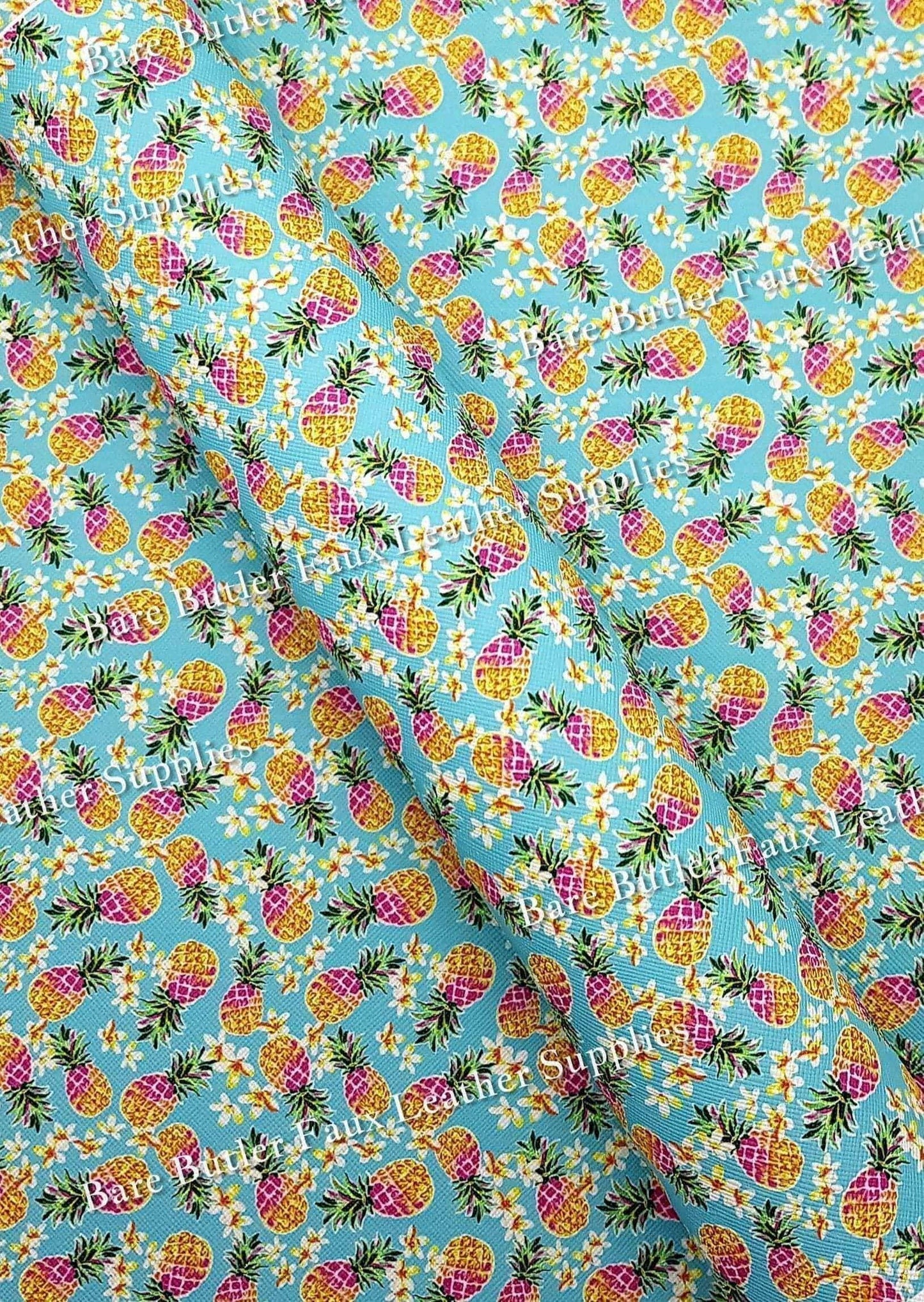 Frangipanis & Pineapples Faux Leather - Faux, Faux Leather, floral, Florals, flower, Flowers, frangipani, Leather, leatherette, pineapple - Bare Butler Faux Leather Supplies