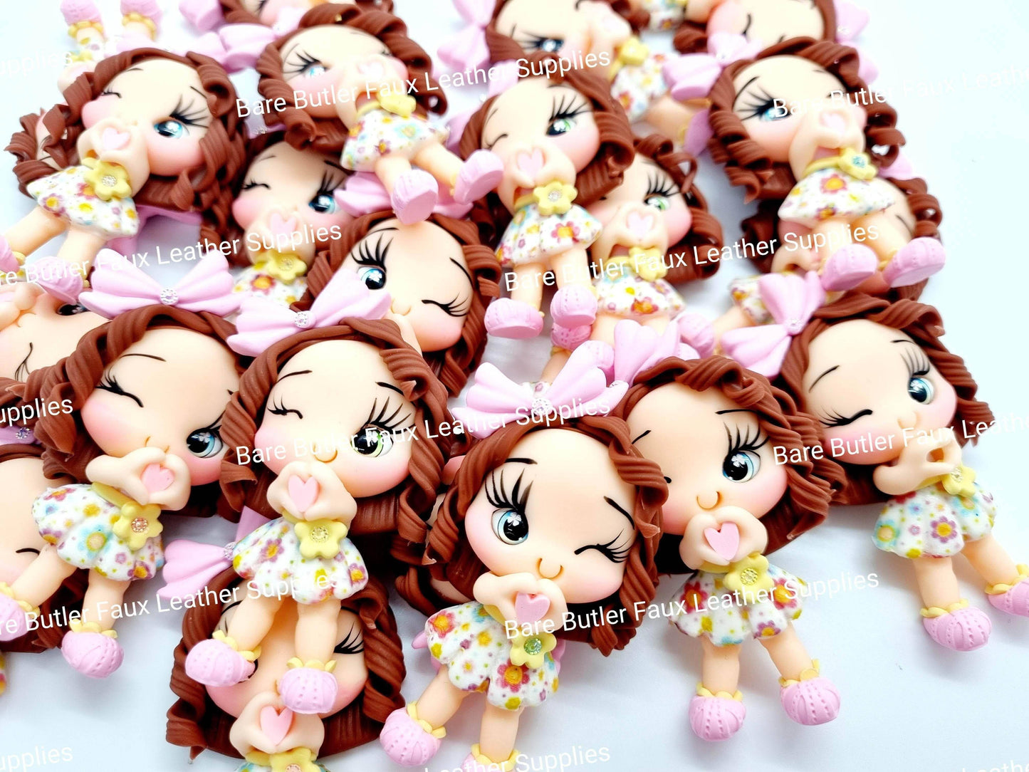 Girl in Floral Dress Pink Bow - Clay, Clays, girl - Bare Butler Faux Leather Supplies